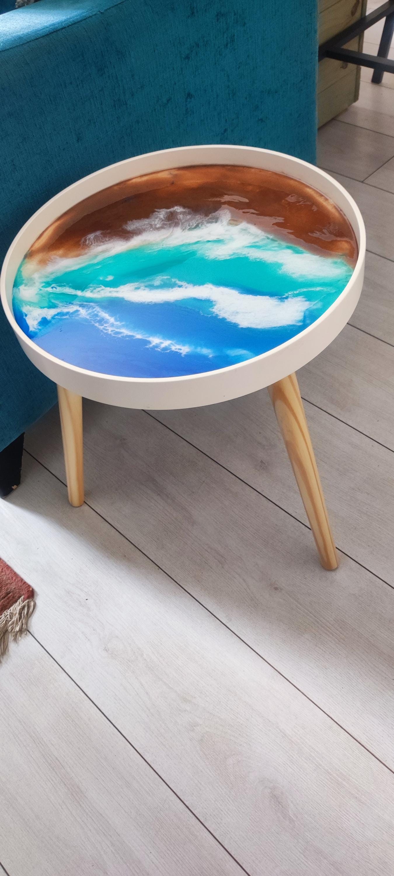 Resin Coffee Table with Sea Art Inspiration and Natural Sand Accents | Retro Side Table with Contemporary Design