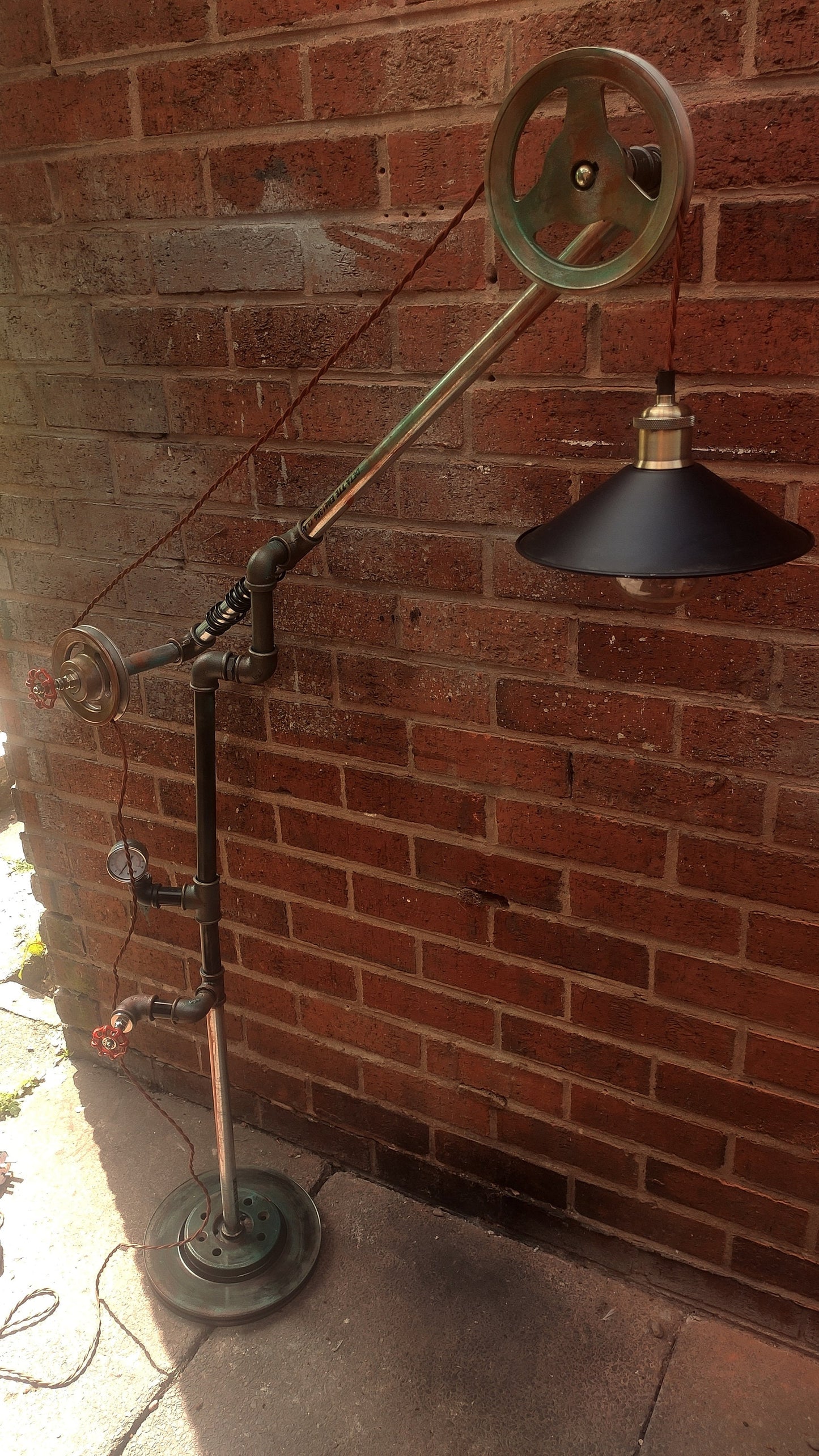 Vintage Industrial Steampunk Floor Lamp with Red Lampshade - Handmade Metal Pipe Design, Patina Finish, Edison Bulb, Easy Assembly