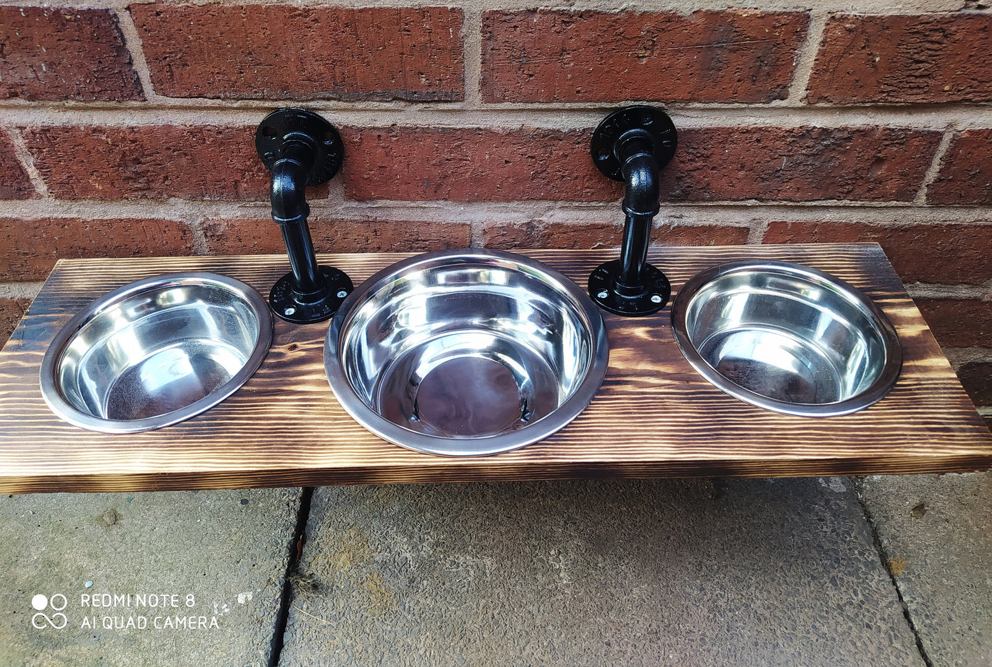 Modern Handmade Hanging Pet Feeder | Black Pipe and Wood Design | Personalized Engraving | Small or Medium Bowl Options