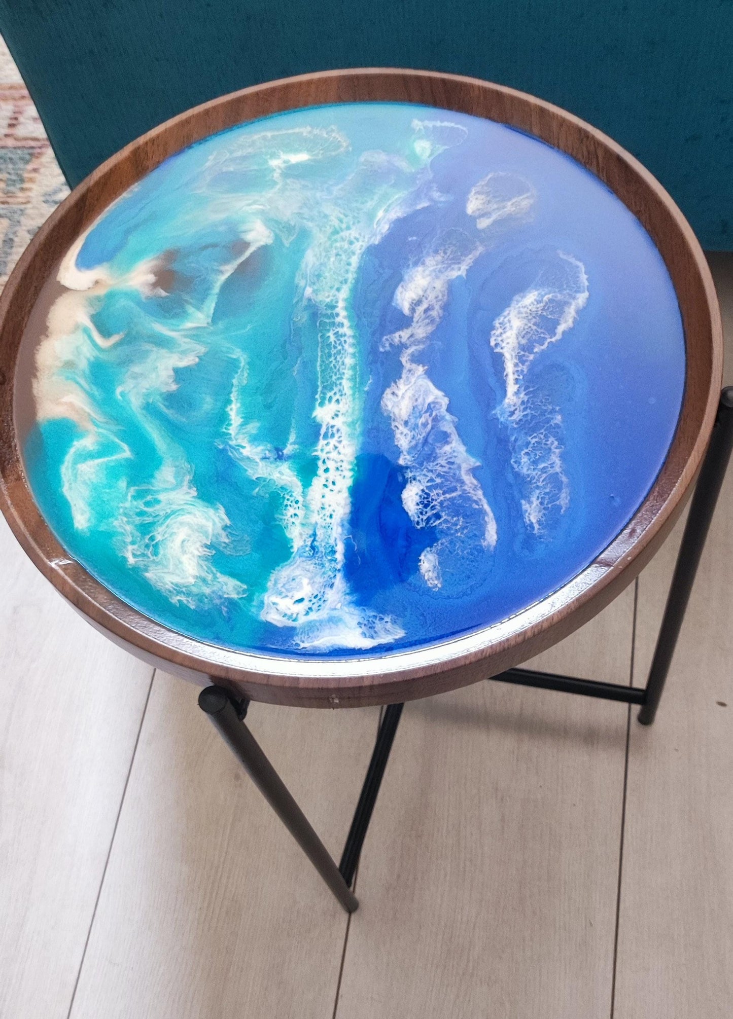 Seaside-Inspired Tray Table | Modern Coastal Bedside Table with Removable Top and Ocean Waves Resin Design