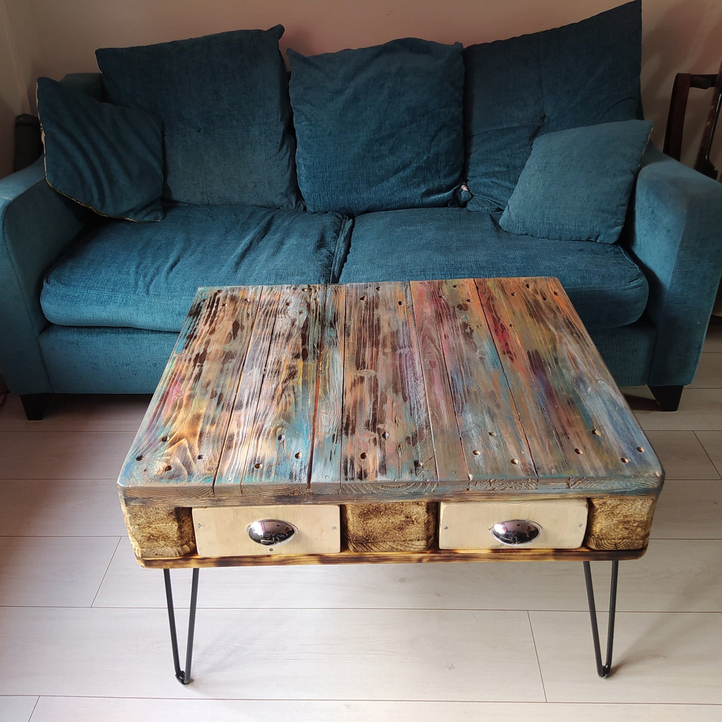 Unique Steampunk Industrial Coffee Table with Recycled Pallet Top and Metal Legs - Quirky Design for Any Room