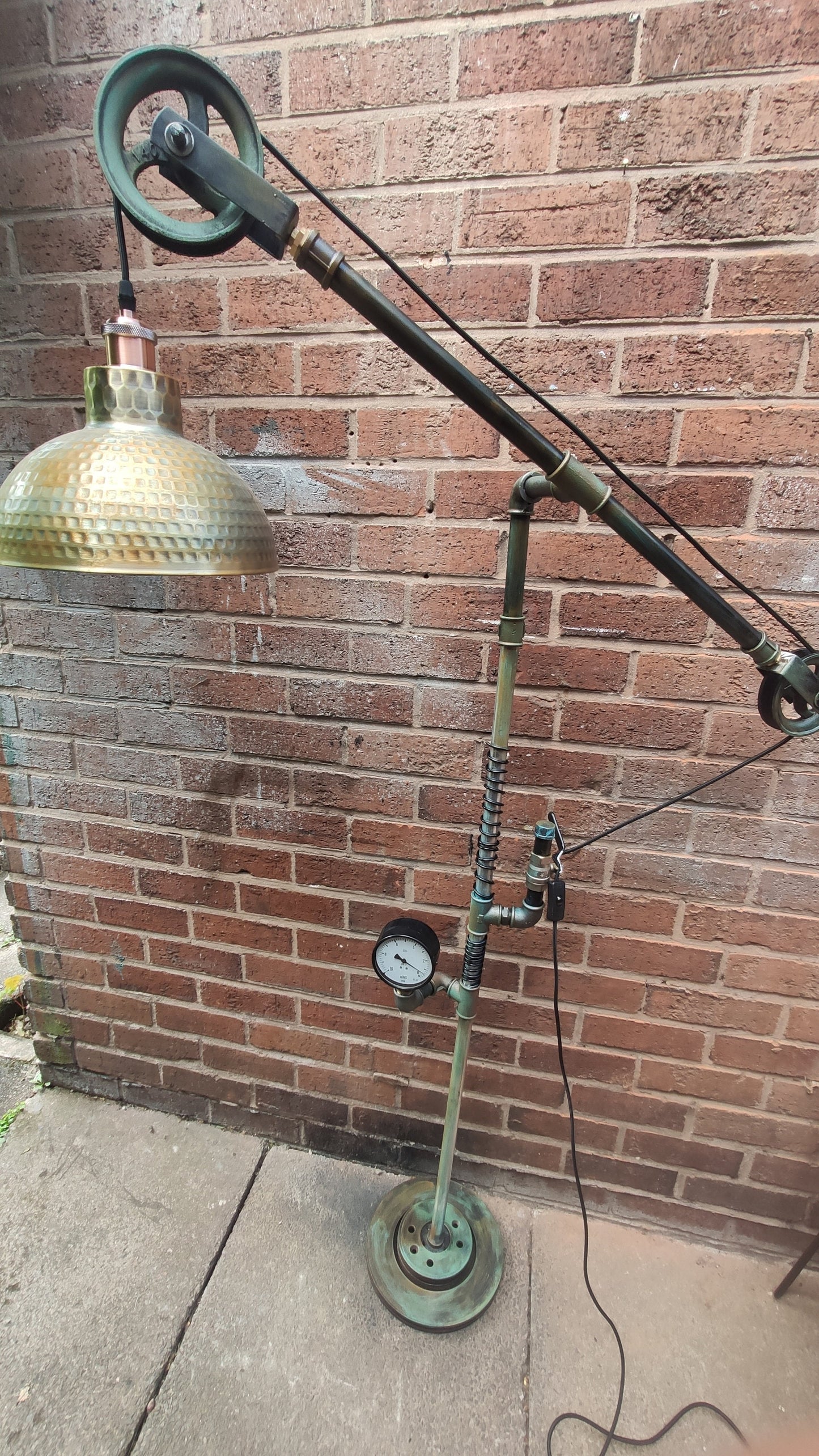 Vintage Industrial Steampunk Floor Lamp with Red Lampshades | Handmade Retro Pipe Design with Pulley Wheel | Iron Material with Vintage