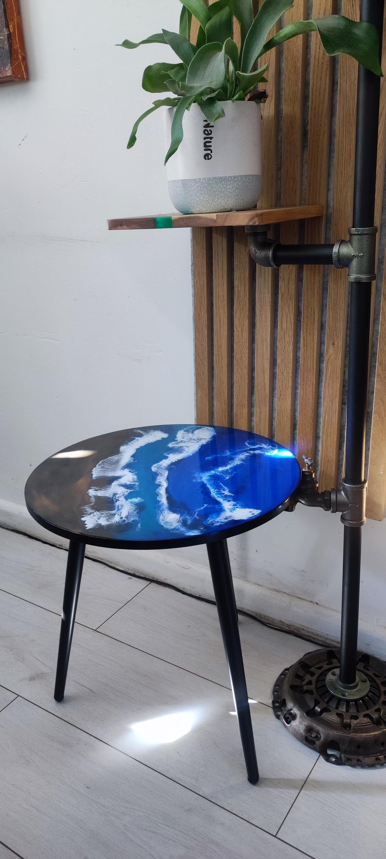 Handcrafted Resin Coffee Table with Sea Art Inspiration on Metal Legs - Retro Coastal Bedside Table with Natural Sand Art Detail