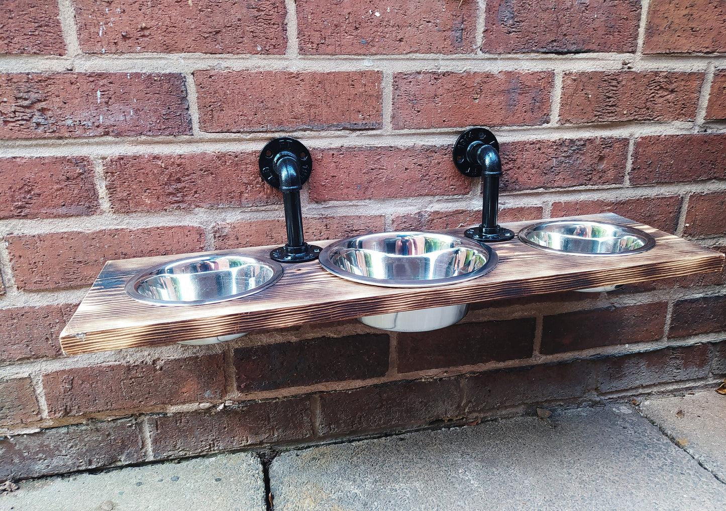Modern Handmade Hanging Pet Feeder | Black Pipe and Wood Design | Personalized Engraving | Small or Medium Bowl Options