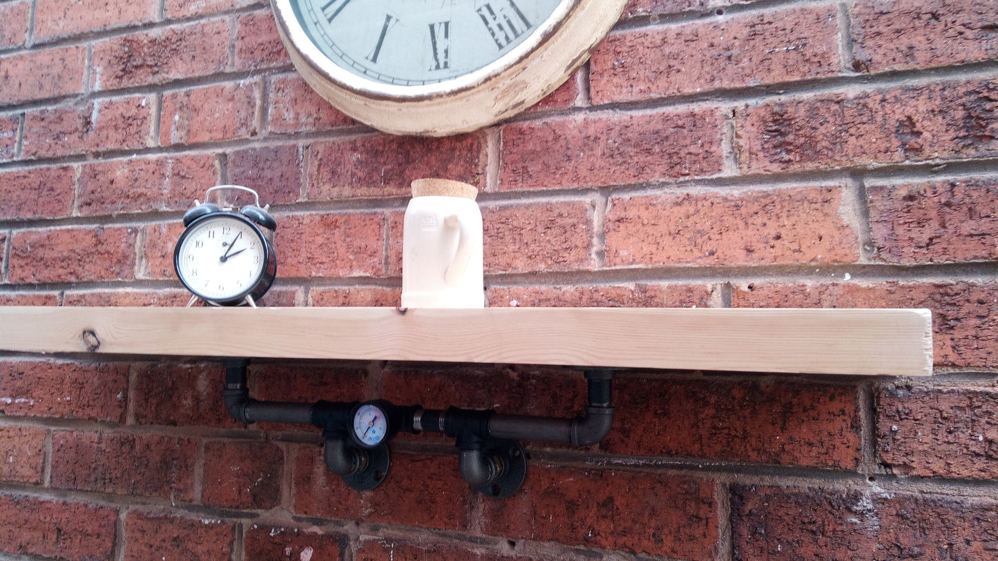 Handcrafted Steampunk Industrial Retro Style Shelves made from Pine Wood and Steel Pipe for Quirky Home Decor