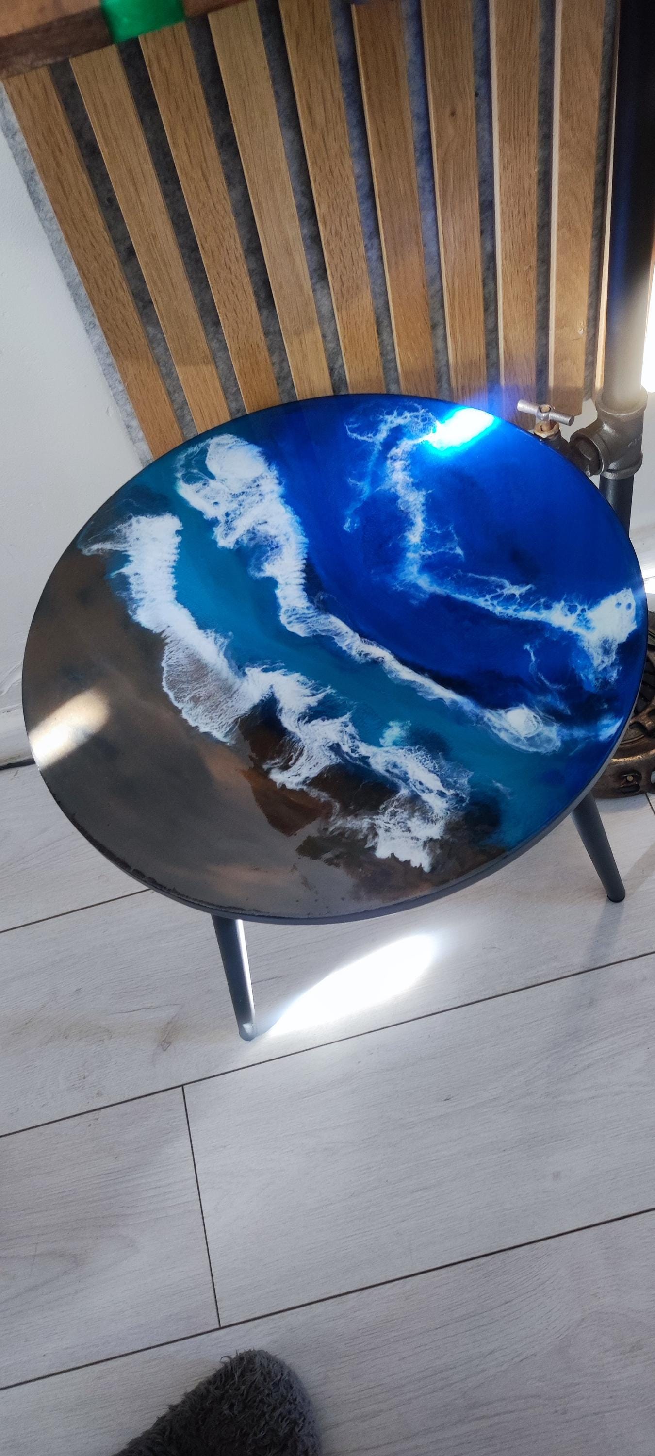 Handcrafted Resin Coffee Table with Sea Art Inspiration on Metal Legs - Retro Coastal Bedside Table with Natural Sand Art Detail