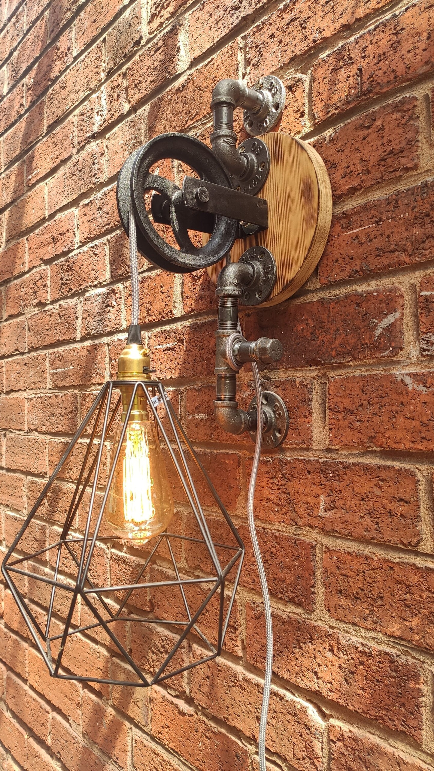 Vintage Industrial Steampunk Hanging Lamp with Red Shades and Pulley Wheel - Handmade Retro Lighting Fixture with Vintage Look