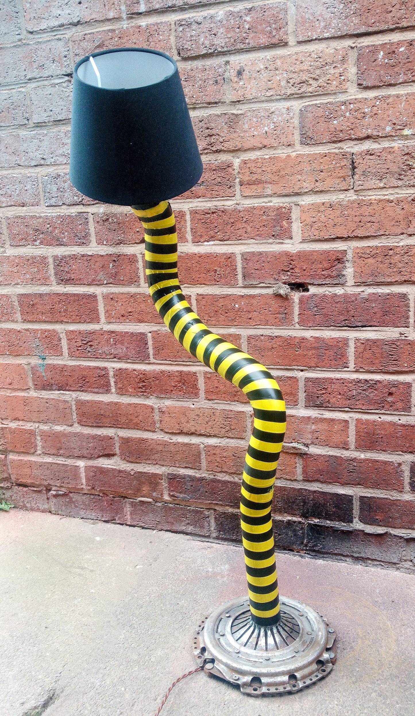 Vintage Industrial Stripe Metal Floor Table Lamp - Handmade Retro Steampank Art with Edison Bulb and Lampshade - Black Metal Patina Finish