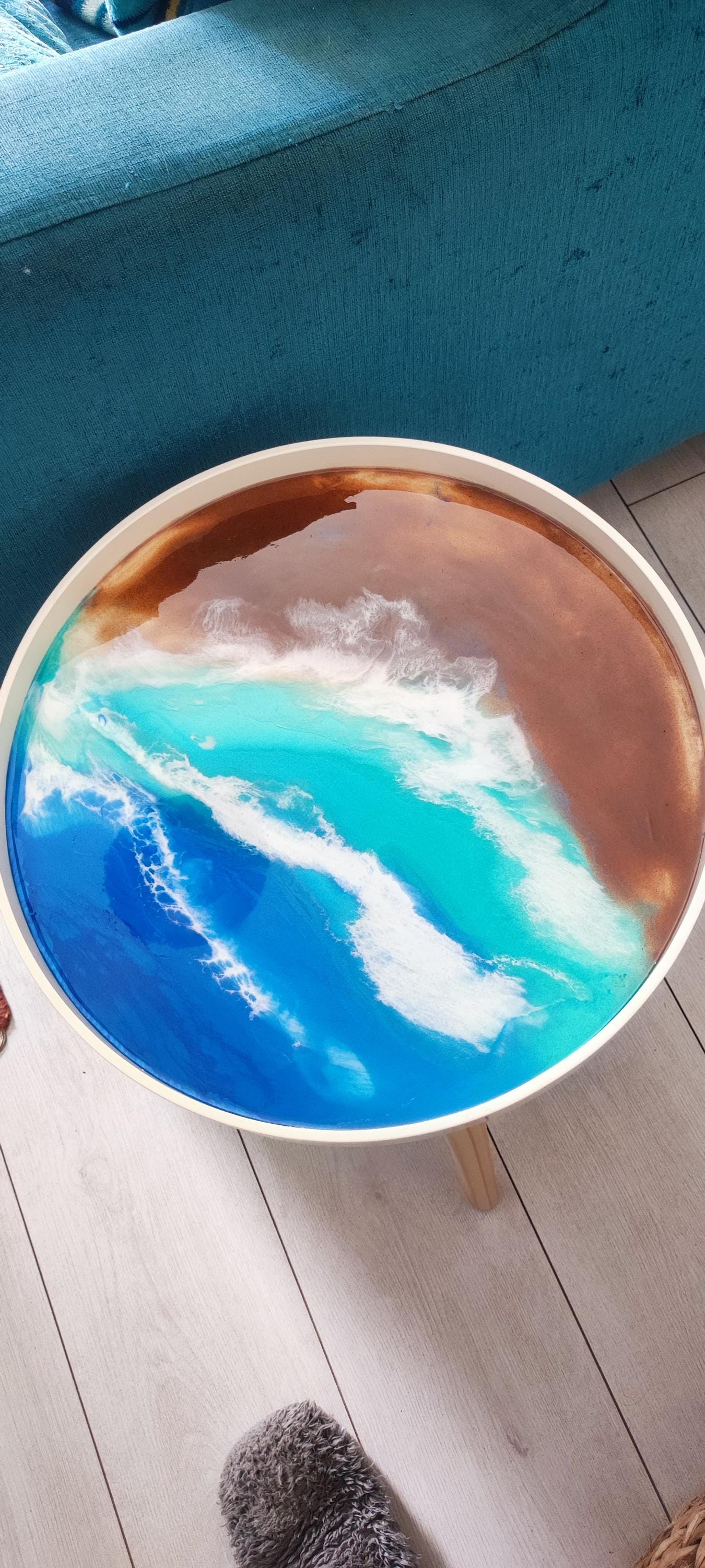 Resin Coffee Table with Sea Art Inspiration and Natural Sand Accents | Retro Side Table with Contemporary Design