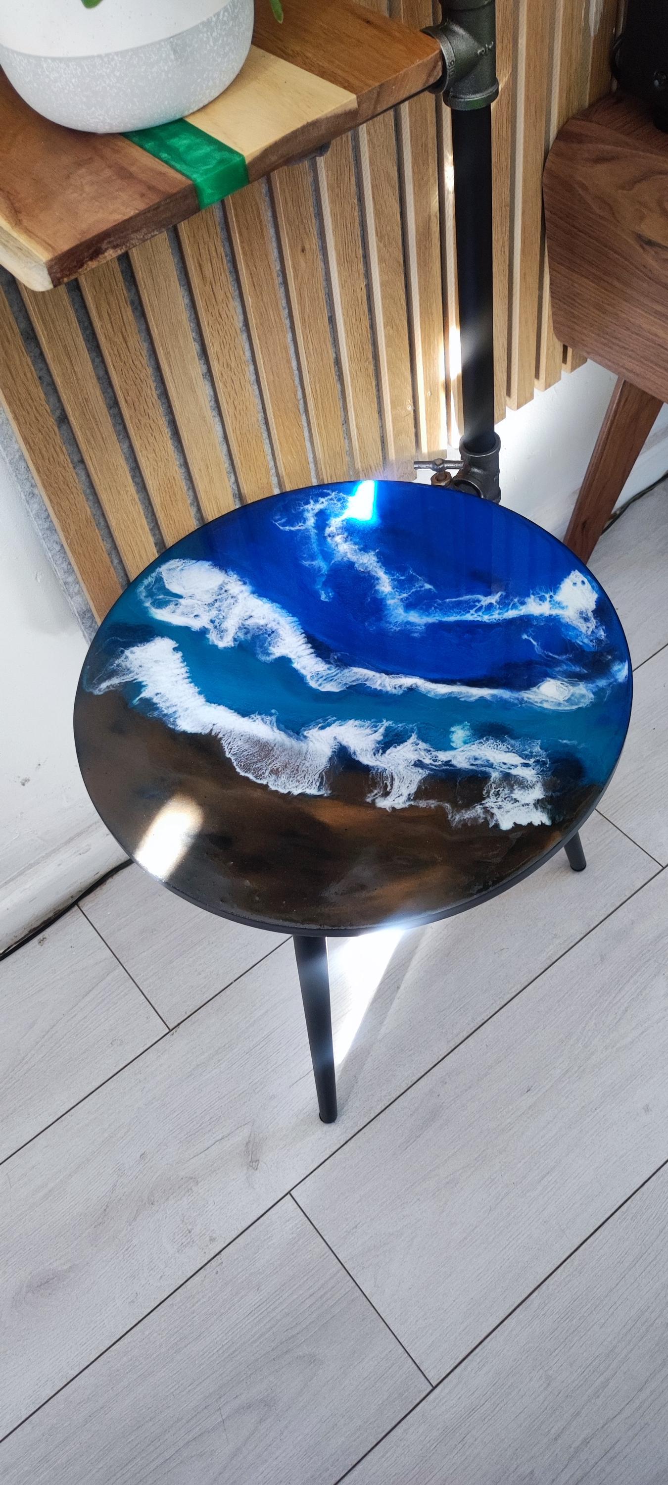 Handcrafted Resin Coffee Table with Sea Art Inspiration on Metal Legs - Retro Coastal Bedside Table with Natural Sand Art Detail