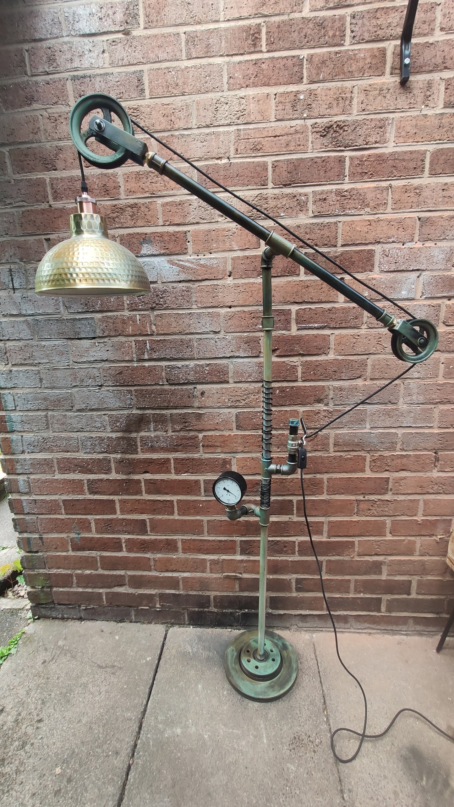 Vintage Industrial Steampunk Floor Lamp with Red Lampshades | Handmade Retro Pipe Design with Pulley Wheel | Iron Material with Vintage