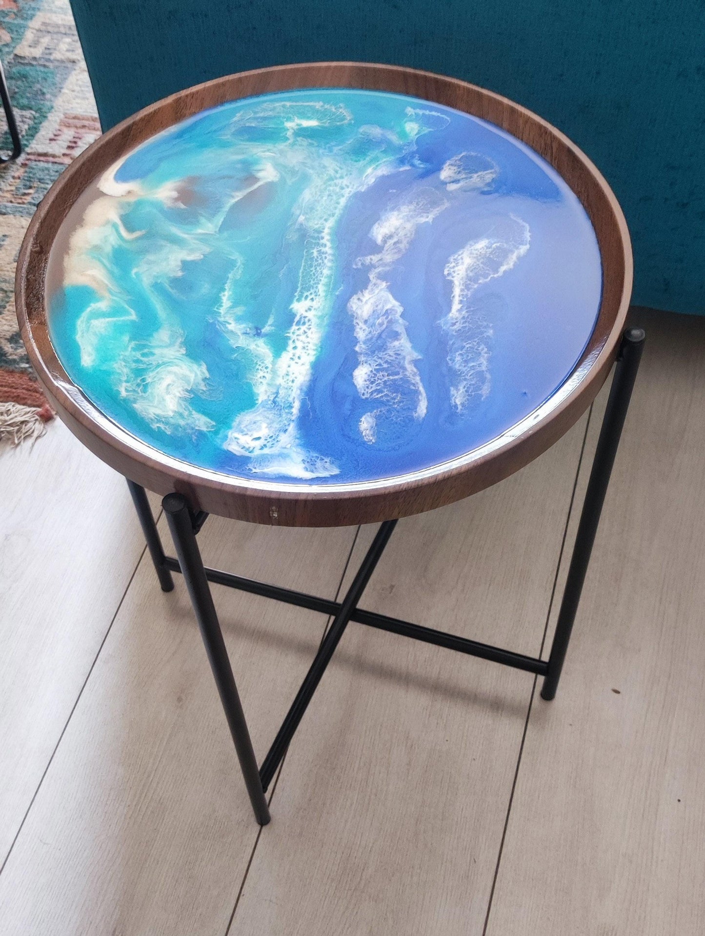 Seaside-Inspired Tray Table | Modern Coastal Bedside Table with Removable Top and Ocean Waves Resin Design