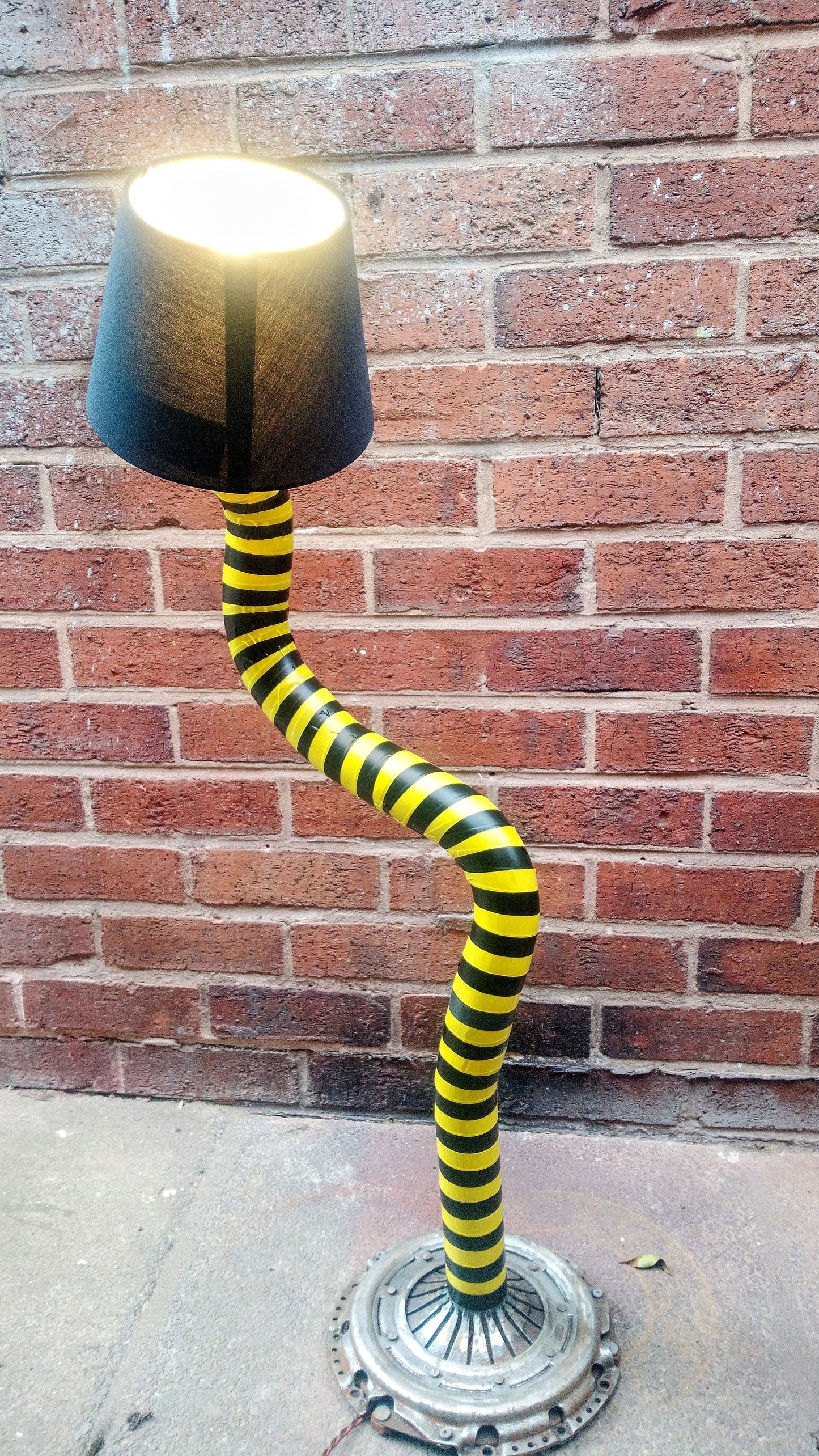 Vintage Industrial Stripe Metal Floor Table Lamp - Handmade Retro Steampank Art with Edison Bulb and Lampshade - Black Metal Patina Finish