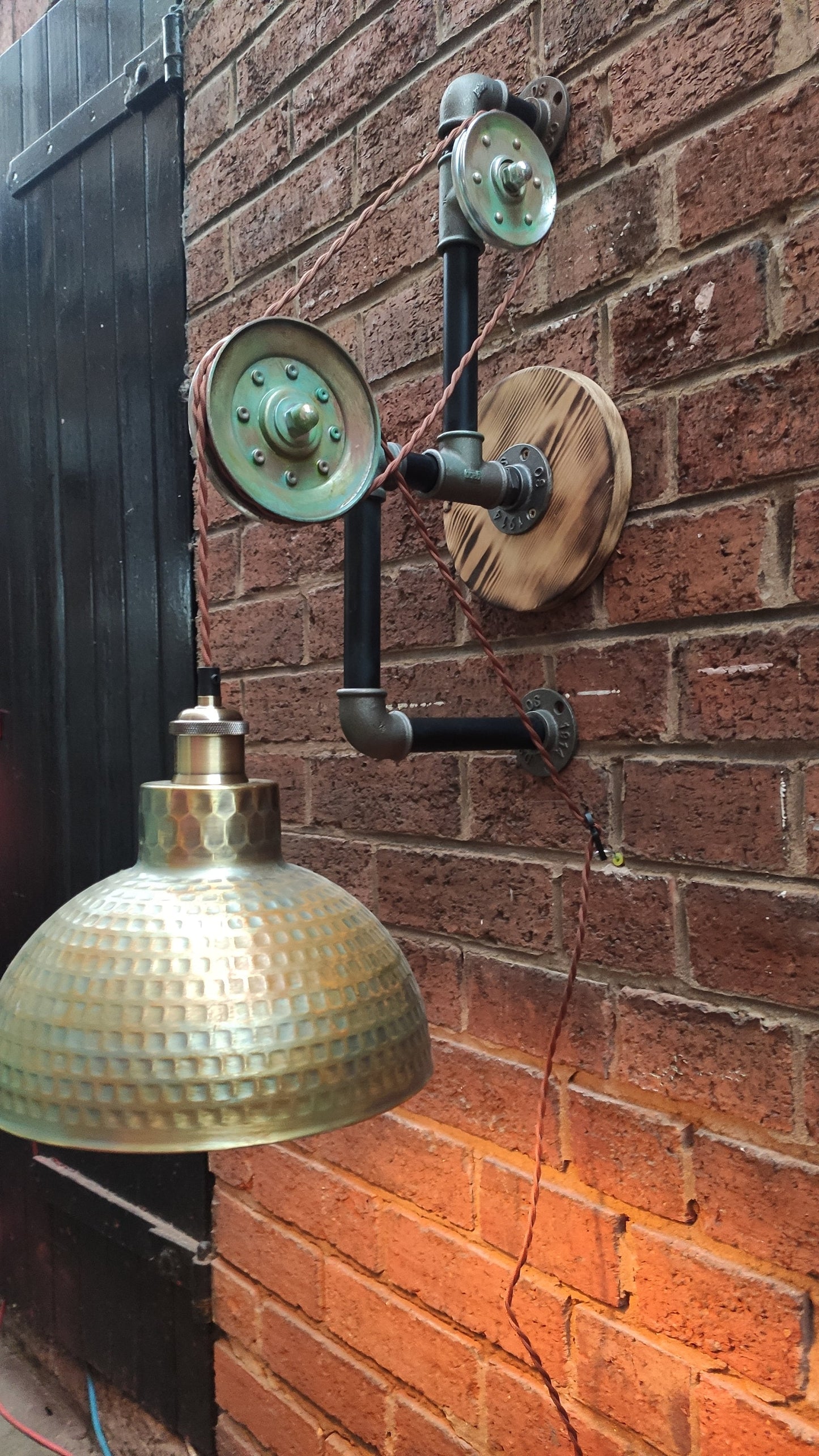 Vintage Industrial Steampunk Hanging Lamp with Red Lampshades - Handmade Retro Pipe Design with Pulley Wheel and Patina Finish - Vintage