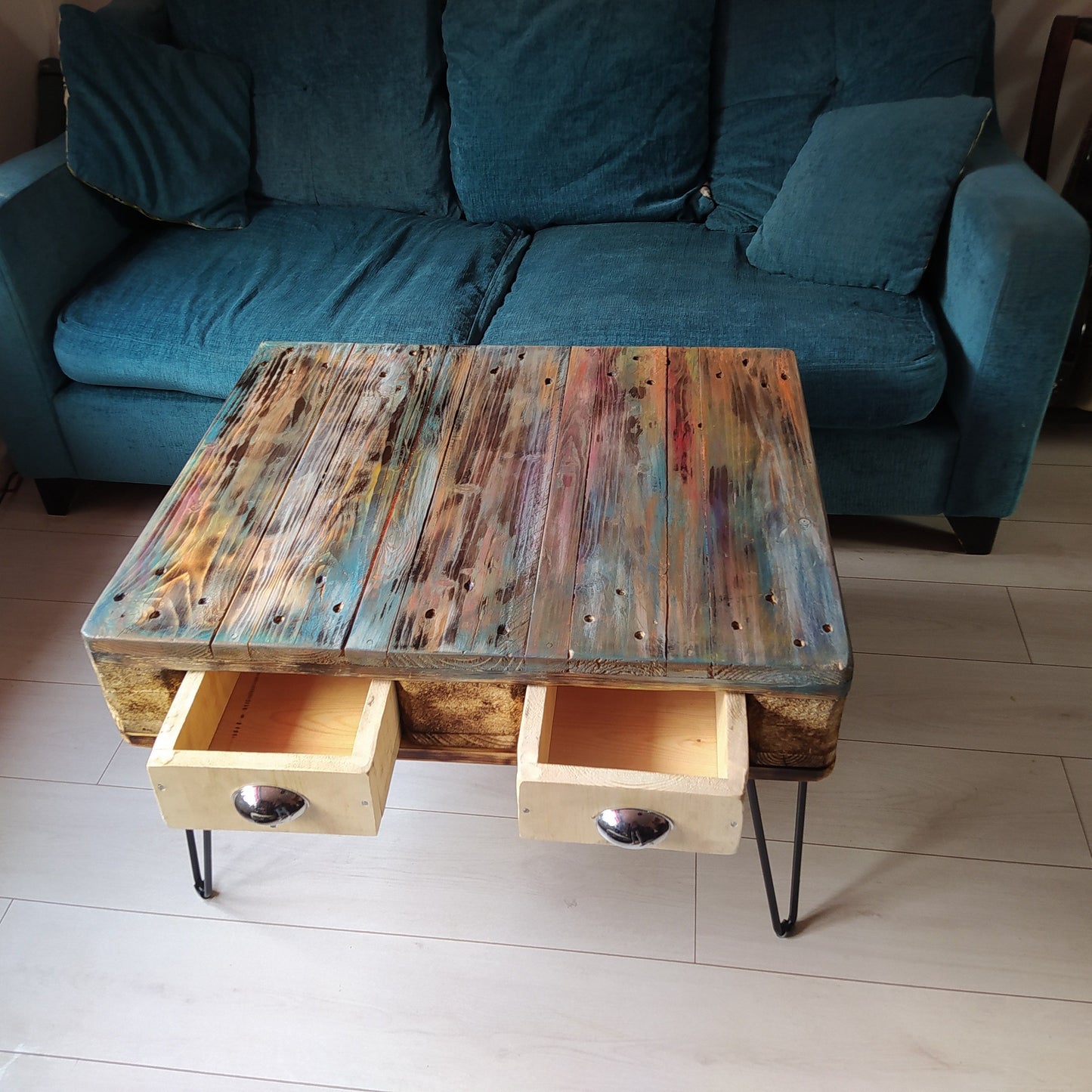 Unique Steampunk Industrial Coffee Table with Recycled Pallet Top and Metal Legs - Quirky Design for Any Room