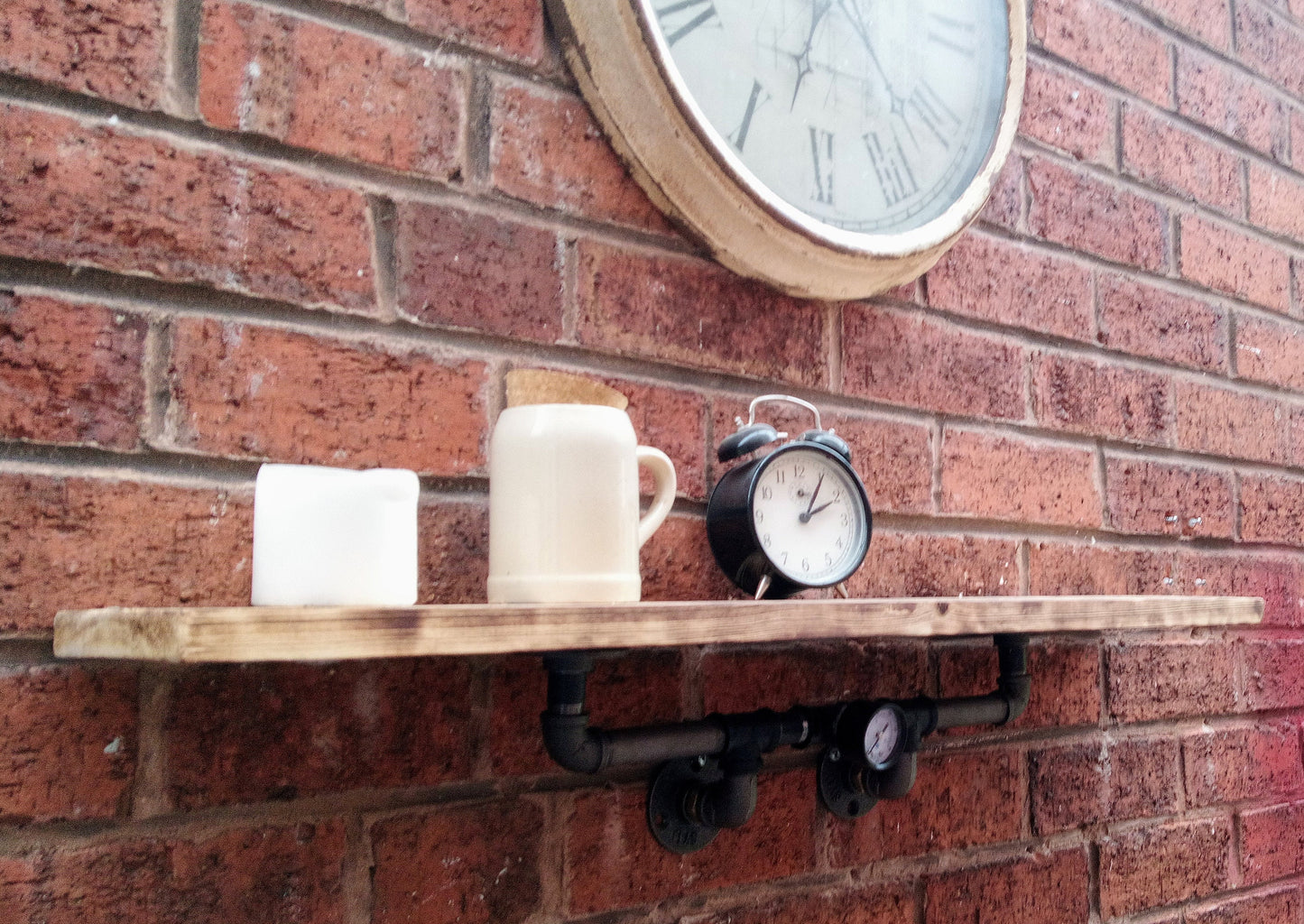 Industrial Steampunk Burnt Wood Pipe Shelf - Retro Design with Malleable Steel Fittings and Wax Oil Finish