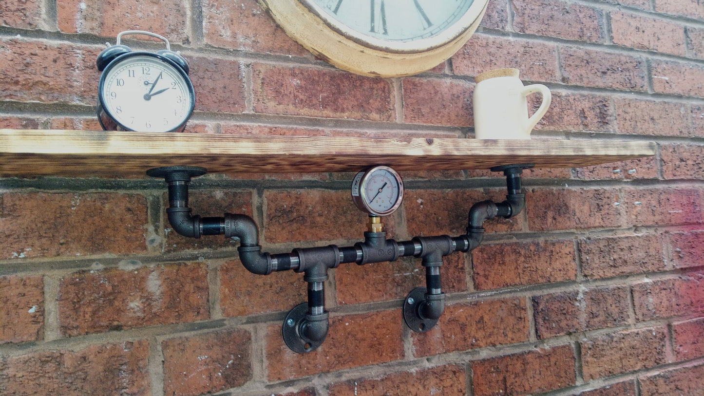 Steampunk Industrial Retro Shelf - Handcrafted Pine Burned Wood & Steel Pipe Design - Quirky Home Decor Piece with Wax Oil Finish