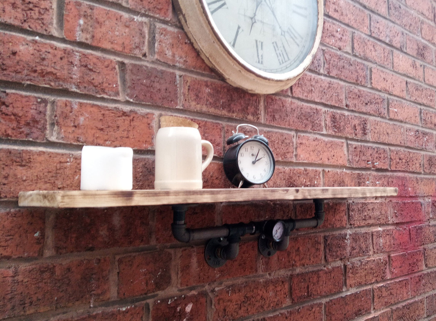 Industrial Steampunk Burnt Wood Pipe Shelf - Retro Design with Malleable Steel Fittings and Wax Oil Finish