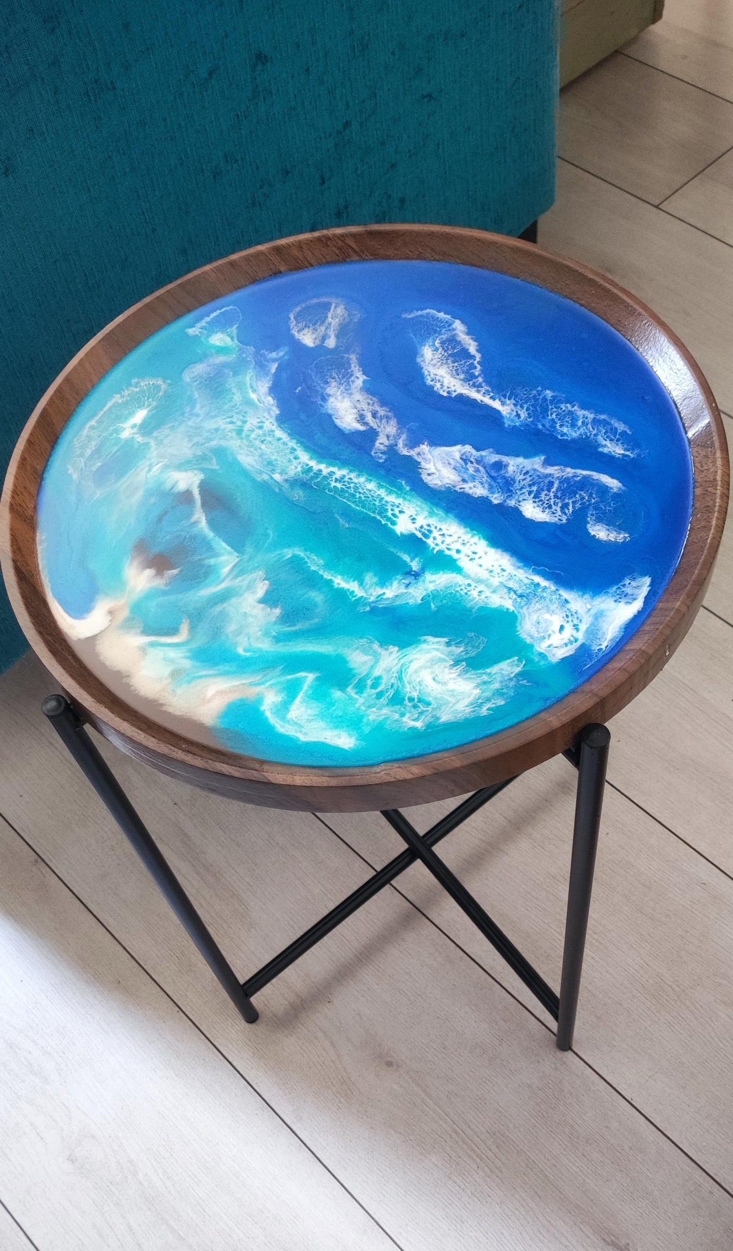 Seaside-Inspired Tray Table | Modern Coastal Bedside Table with Removable Top and Ocean Waves Resin Design