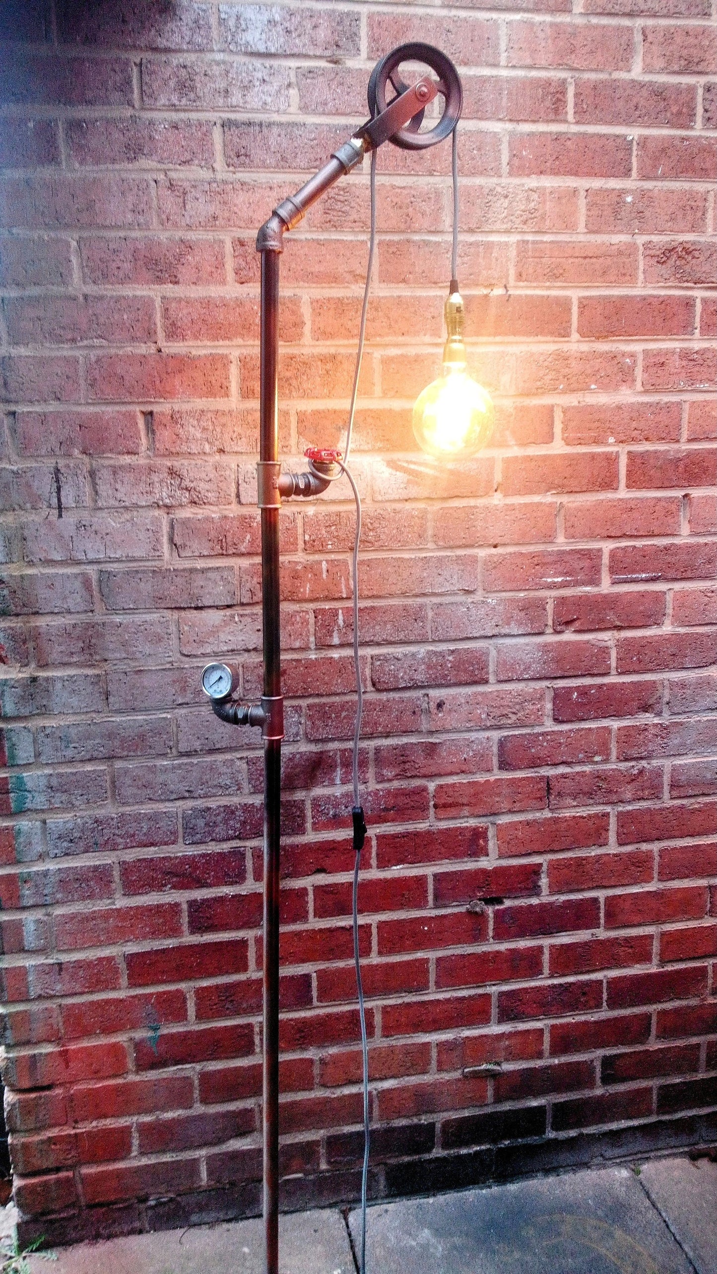 Handmade Industrial Vintage Steampunk Floor Lamp with Yellow Lampshade - Retro Pipe Design with Patina Finish - Edison Bulbs Included