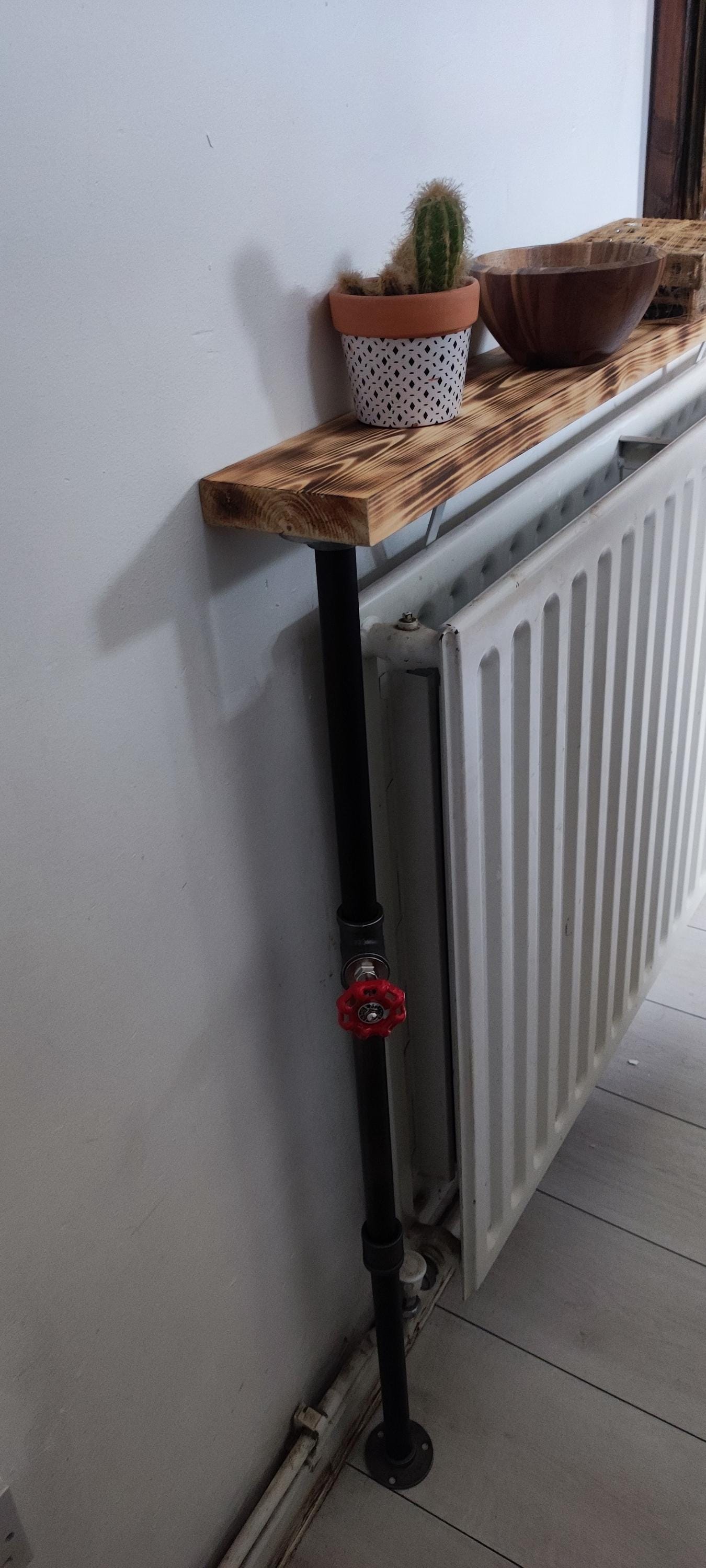Industrial Burned Pine Wood Radiator Table with Industrial Pipe Legs and Quirky Design - Custom Size Options Available