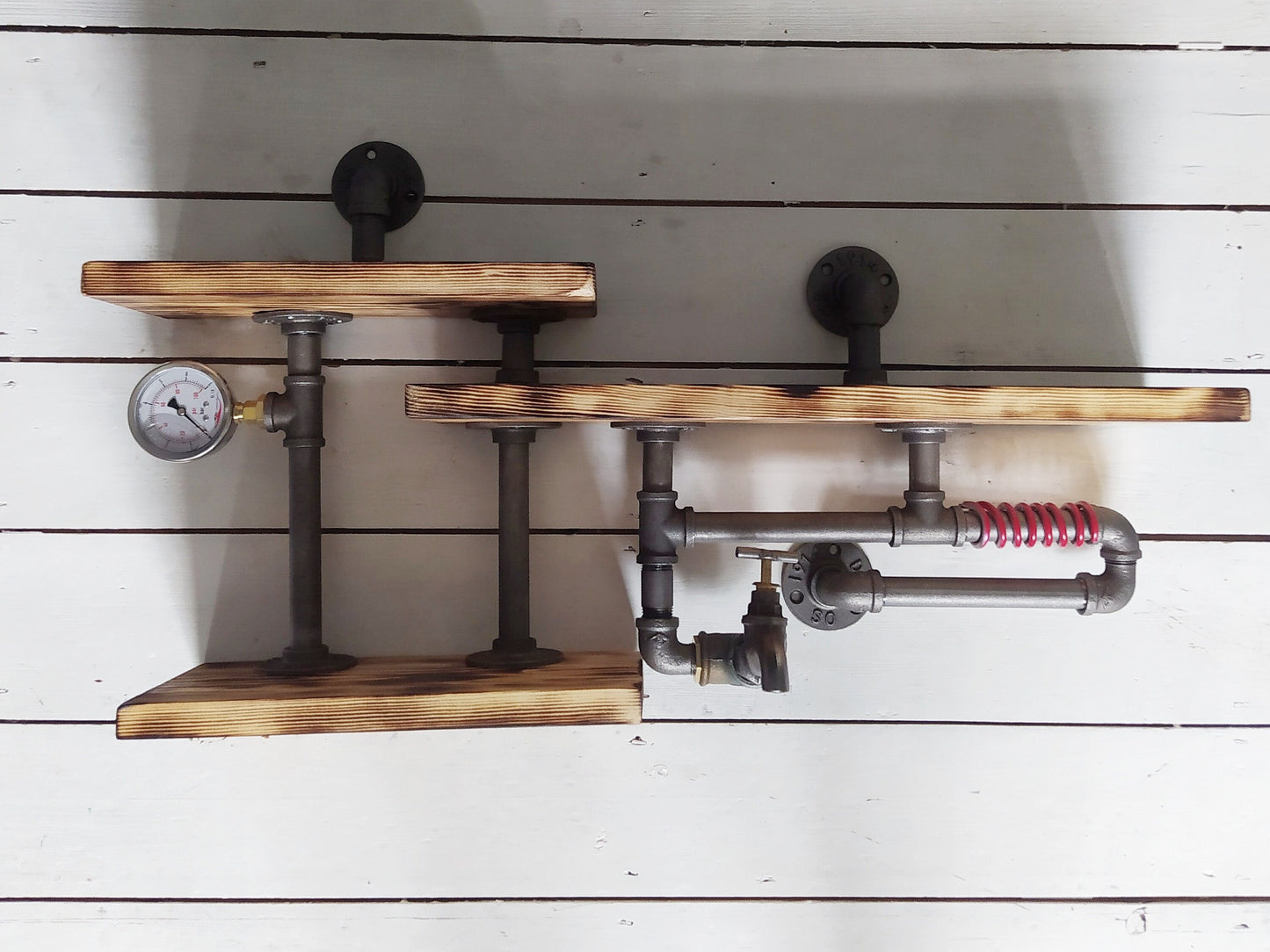 Rustic Steampunk Industrial Shelves with Malleable Steel Pipe Fittings - Handcrafted Quirky Design for Any Room