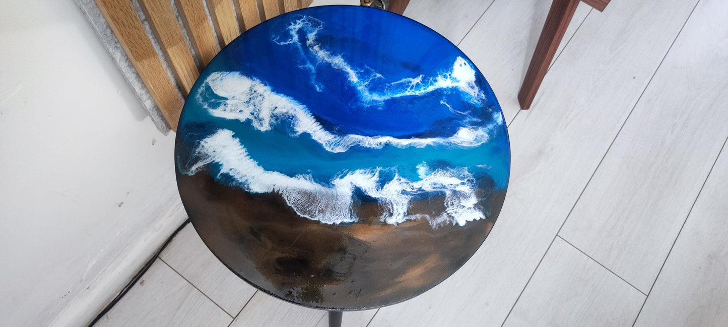 Handcrafted Resin Coffee Table with Sea Art Inspiration on Metal Legs - Retro Coastal Bedside Table with Natural Sand Art Detail