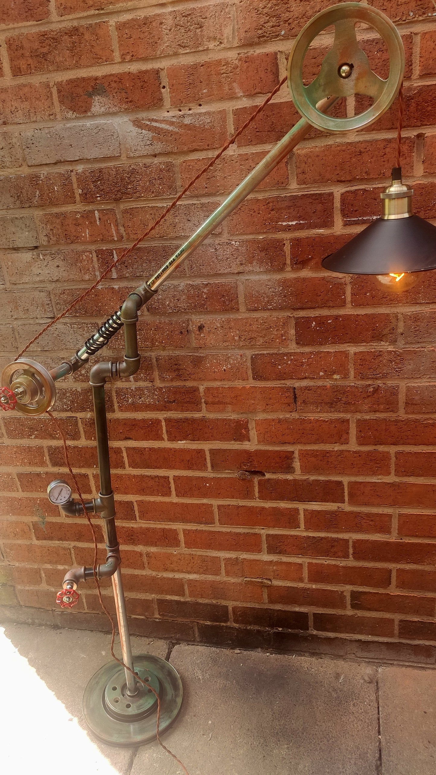 Handmade Retro Industrial Steampunk Vintage Floor Lamp with Red Lampshades & Patina Finish
