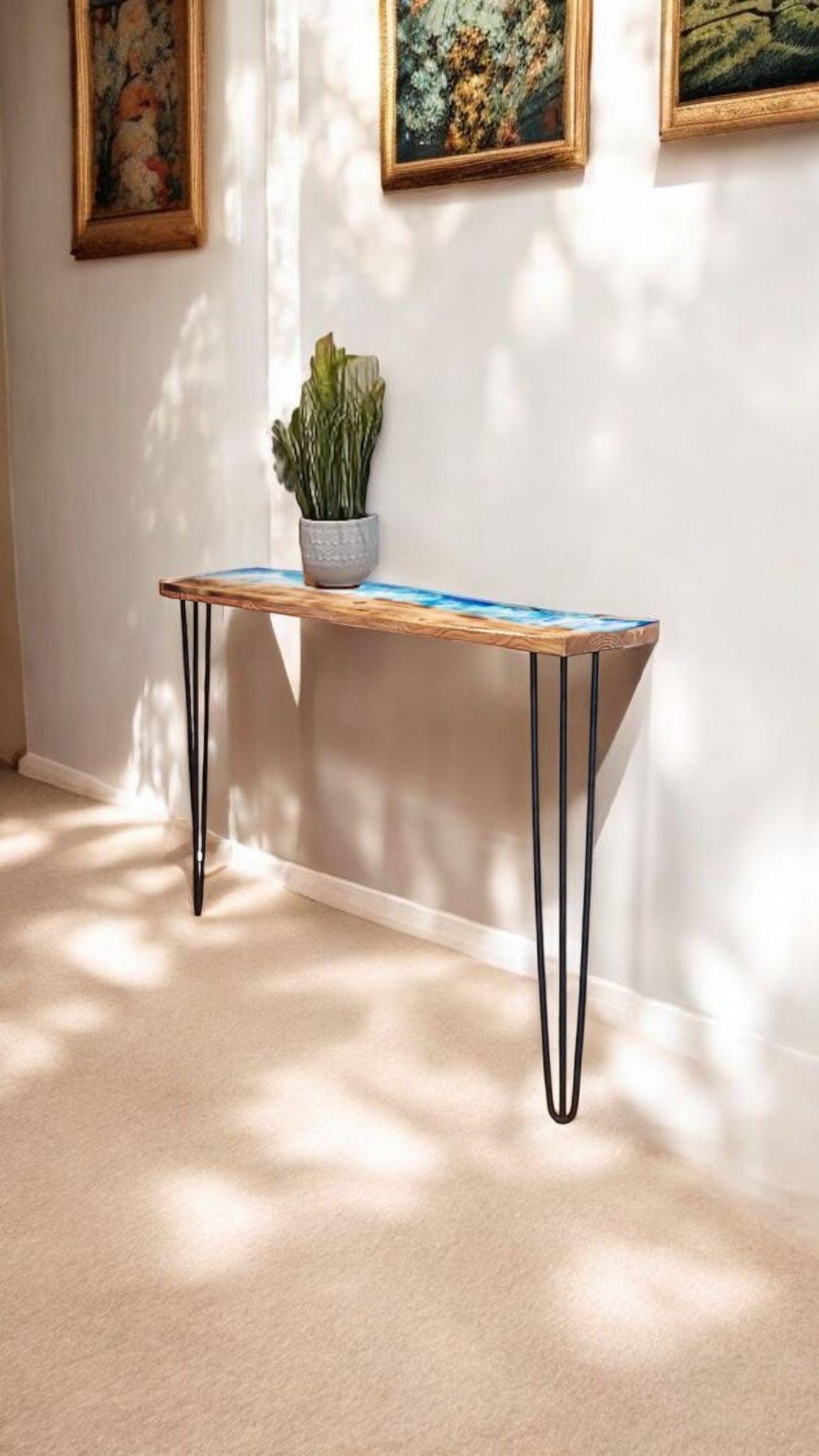 Handmade Industrial Burned Pine Wood Ocean Console Table with Pin Legs - Custom Sizes Available