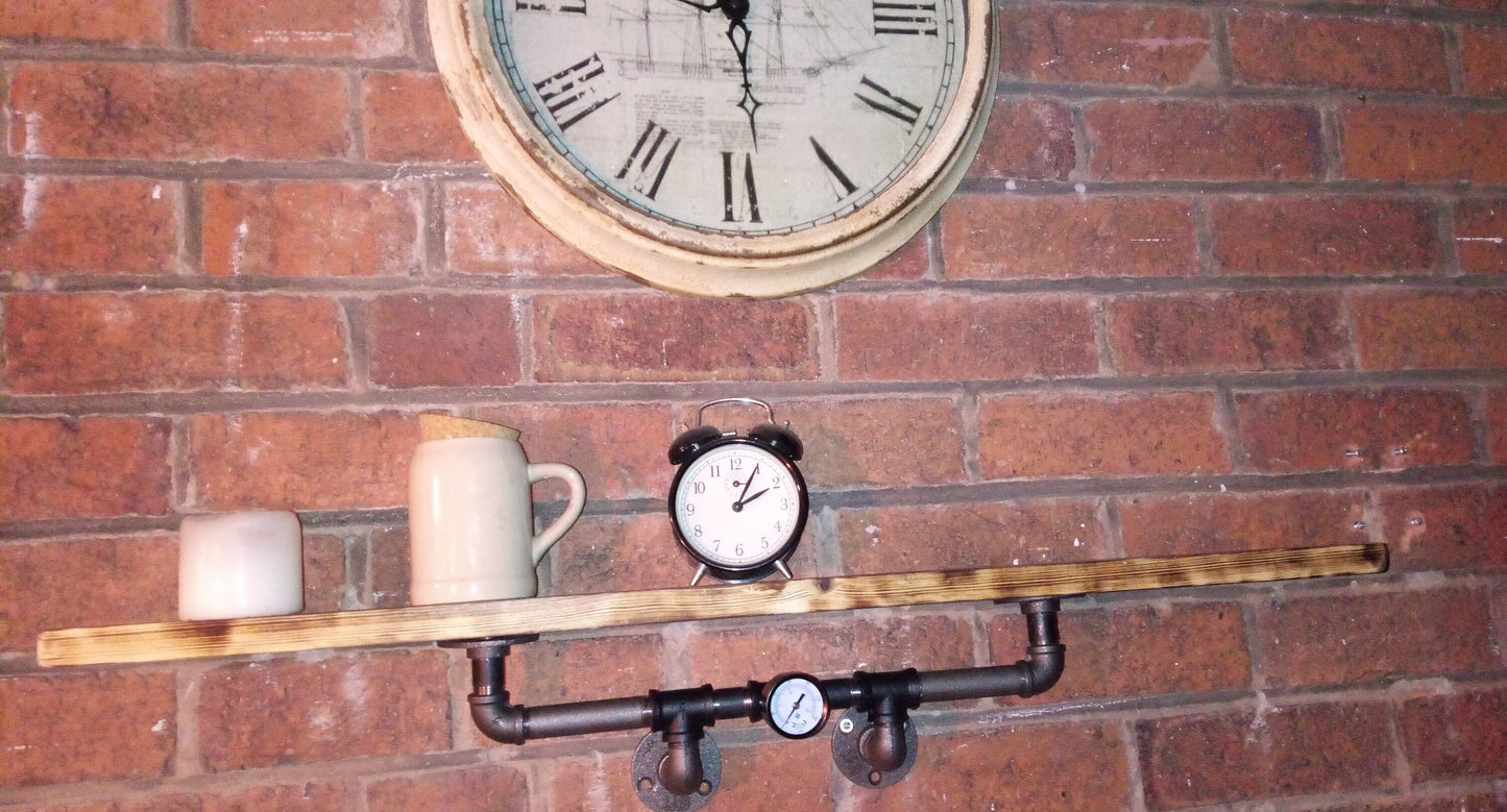Industrial Steampunk Burnt Wood Pipe Shelf - Retro Design with Malleable Steel Fittings and Wax Oil Finish