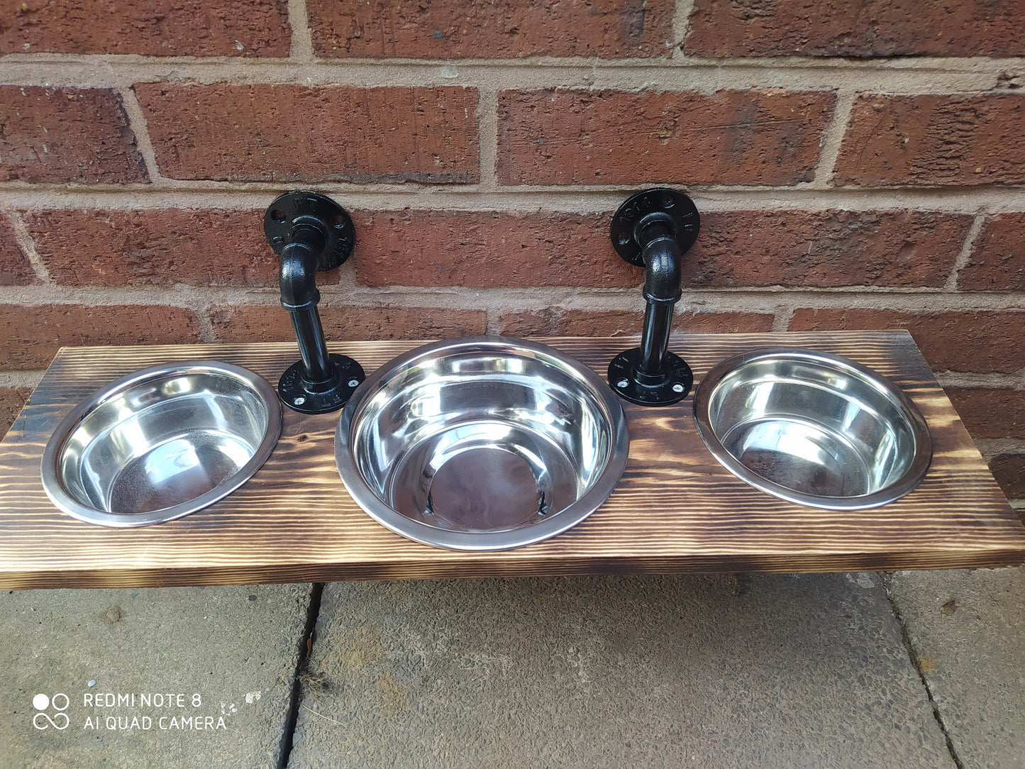 Modern Handmade Hanging Pet Feeder | Black Pipe and Wood Design | Personalized Engraving | Small or Medium Bowl Options