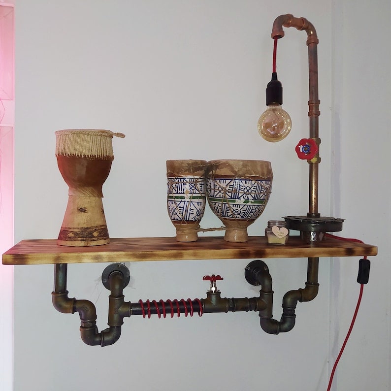 Vintage Industrial Steampunk Pine Burned Wood Shelving with Malleable Steel Pipe | Quirky Design for Any Room | Handmade and Coated in Wax