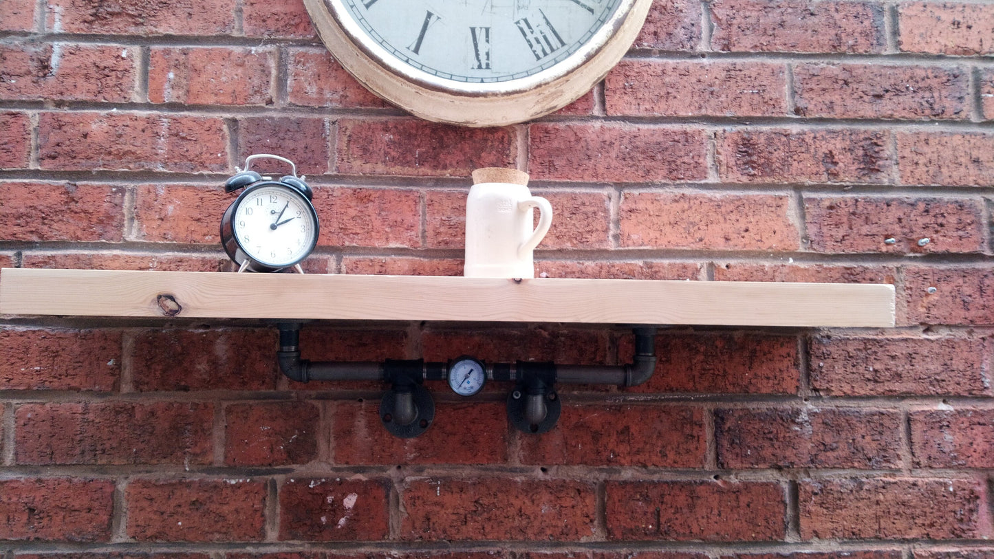 Handcrafted Steampunk Industrial Retro Style Shelves made from Pine Wood and Steel Pipe for Quirky Home Decor