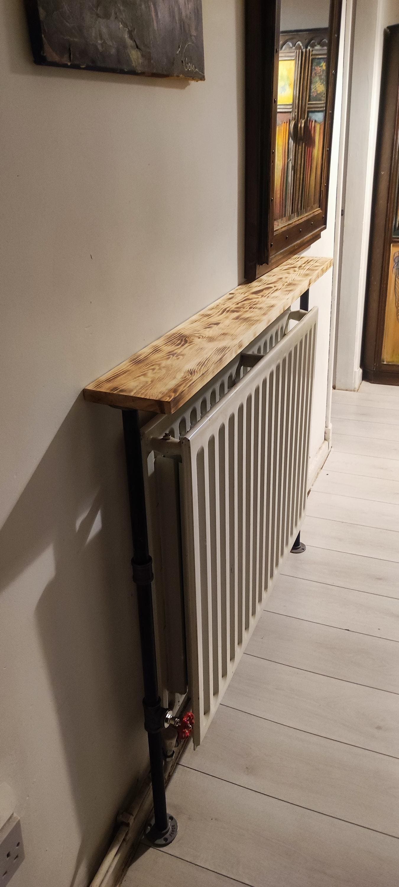 Industrial Burned Pine Wood Radiator Table with Industrial Pipe Legs and Quirky Design - Custom Size Options Available
