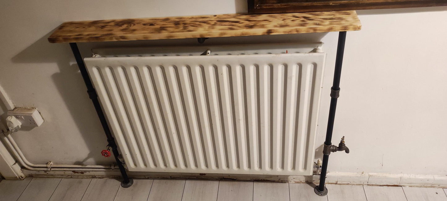 Industrial Burned Pine Wood Radiator Table with Industrial Pipe Legs and Quirky Design - Custom Size Options Available