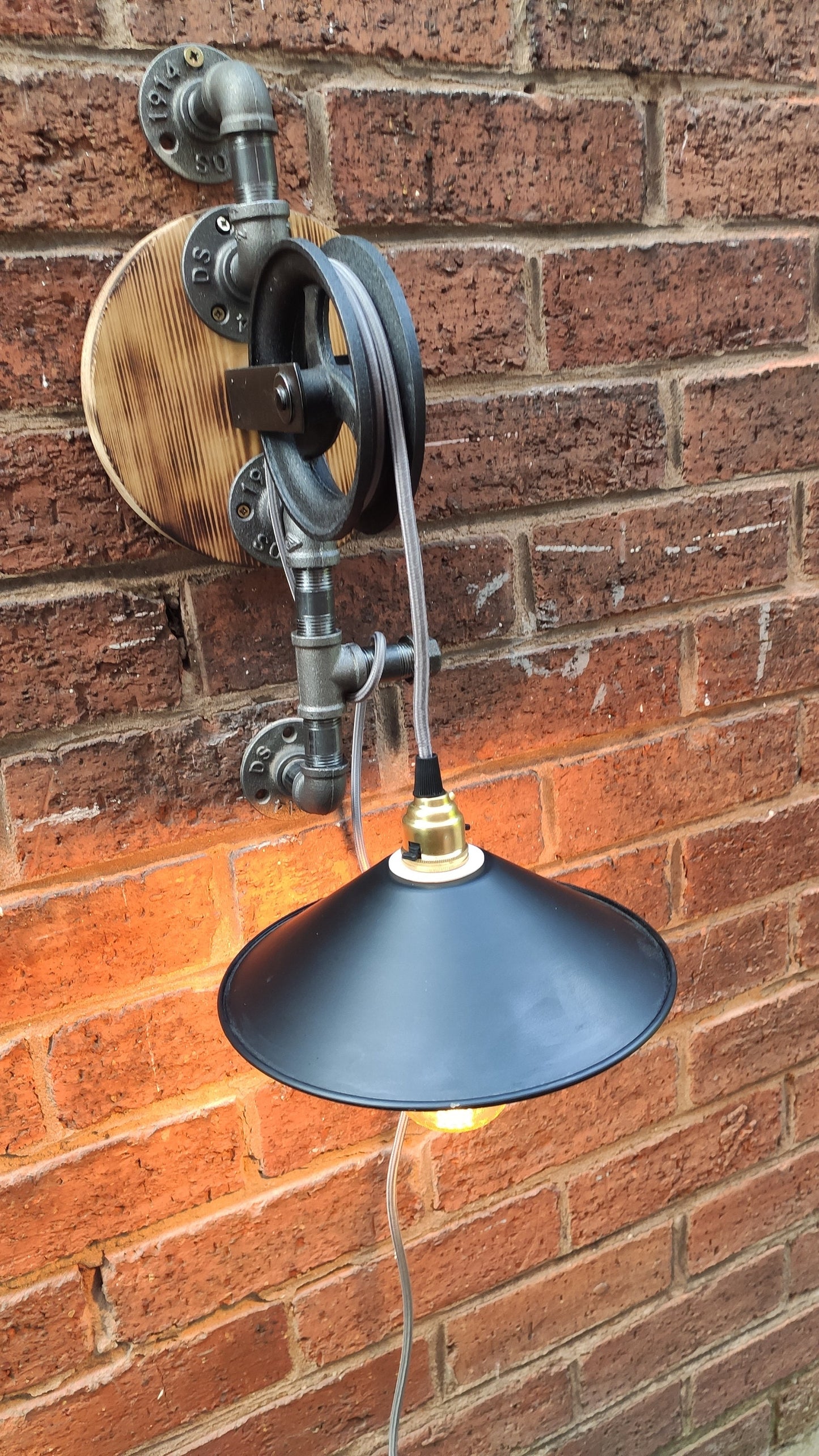Vintage Industrial Steampunk Hanging Lamp with Red Shades and Pulley Wheel - Handmade Retro Lighting Fixture with Vintage Look