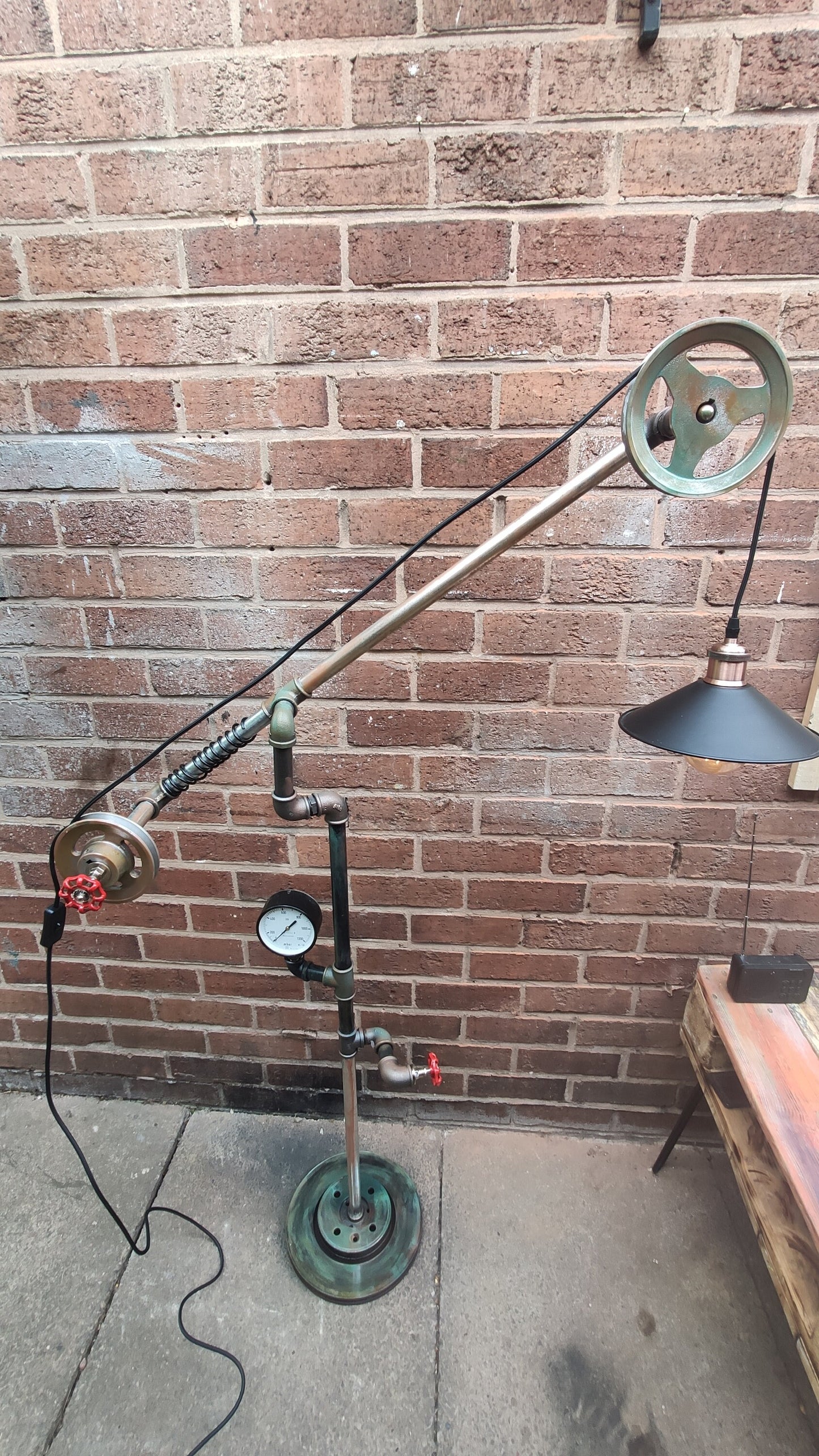 Vintage Industrial Steampunk Floor Lamp with Red Lampshades | Handmade Retro Pipe Design with Pulley Wheel | Iron Material with Vintage