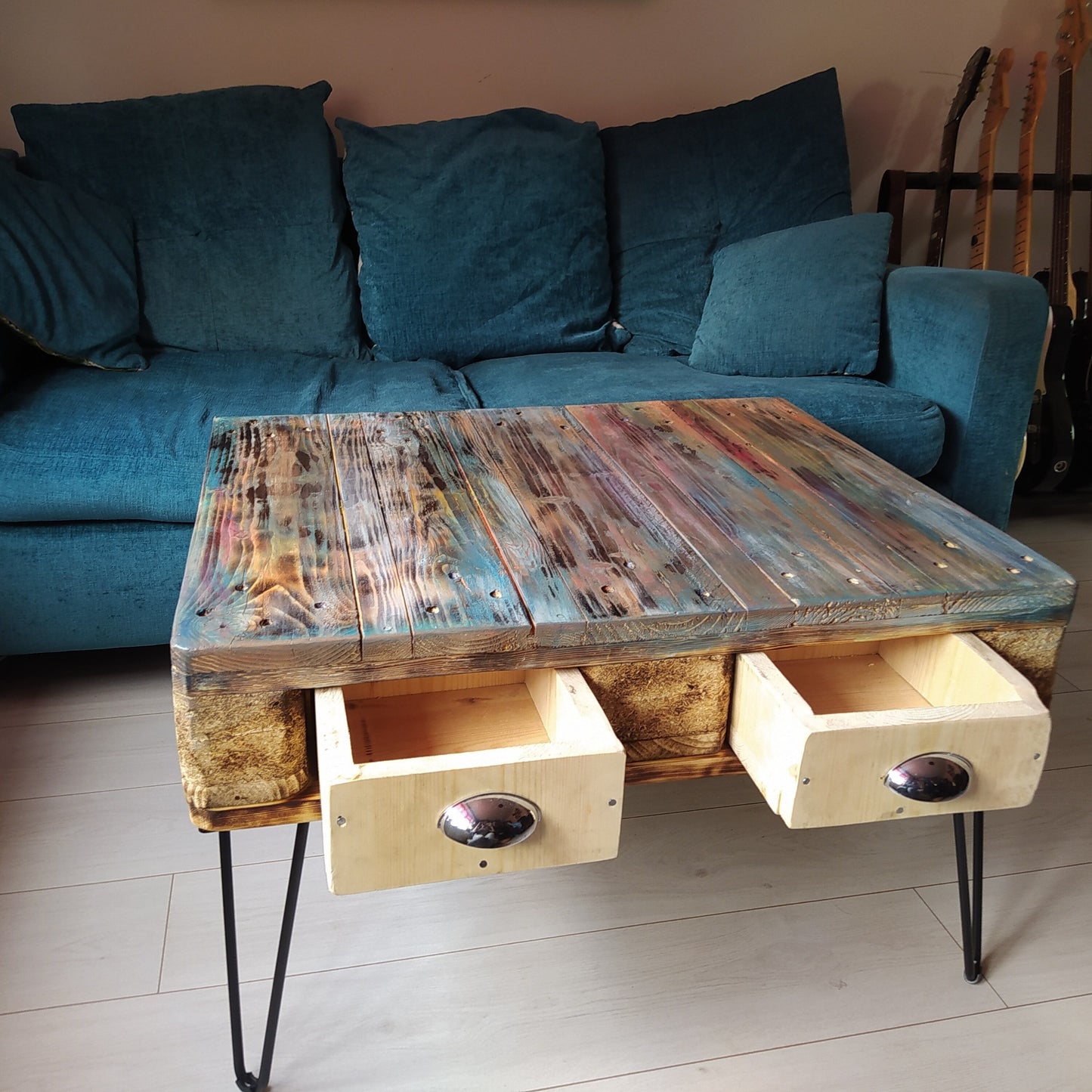 Unique Steampunk Industrial Coffee Table with Recycled Pallet Top and Metal Legs - Quirky Design for Any Room