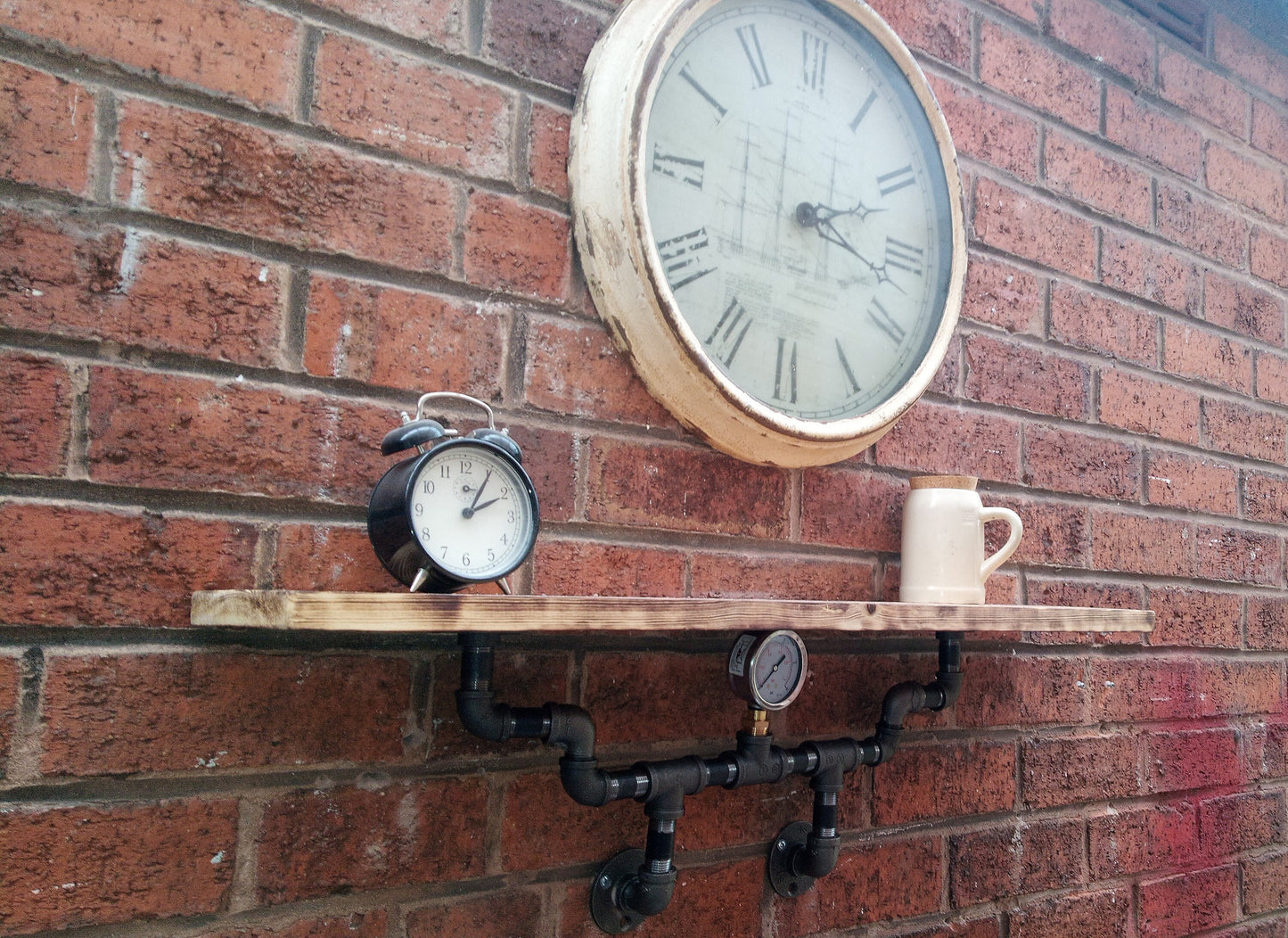 Steampunk Industrial Retro Shelf - Handcrafted Pine Burned Wood & Steel Pipe Design - Quirky Home Decor Piece with Wax Oil Finish