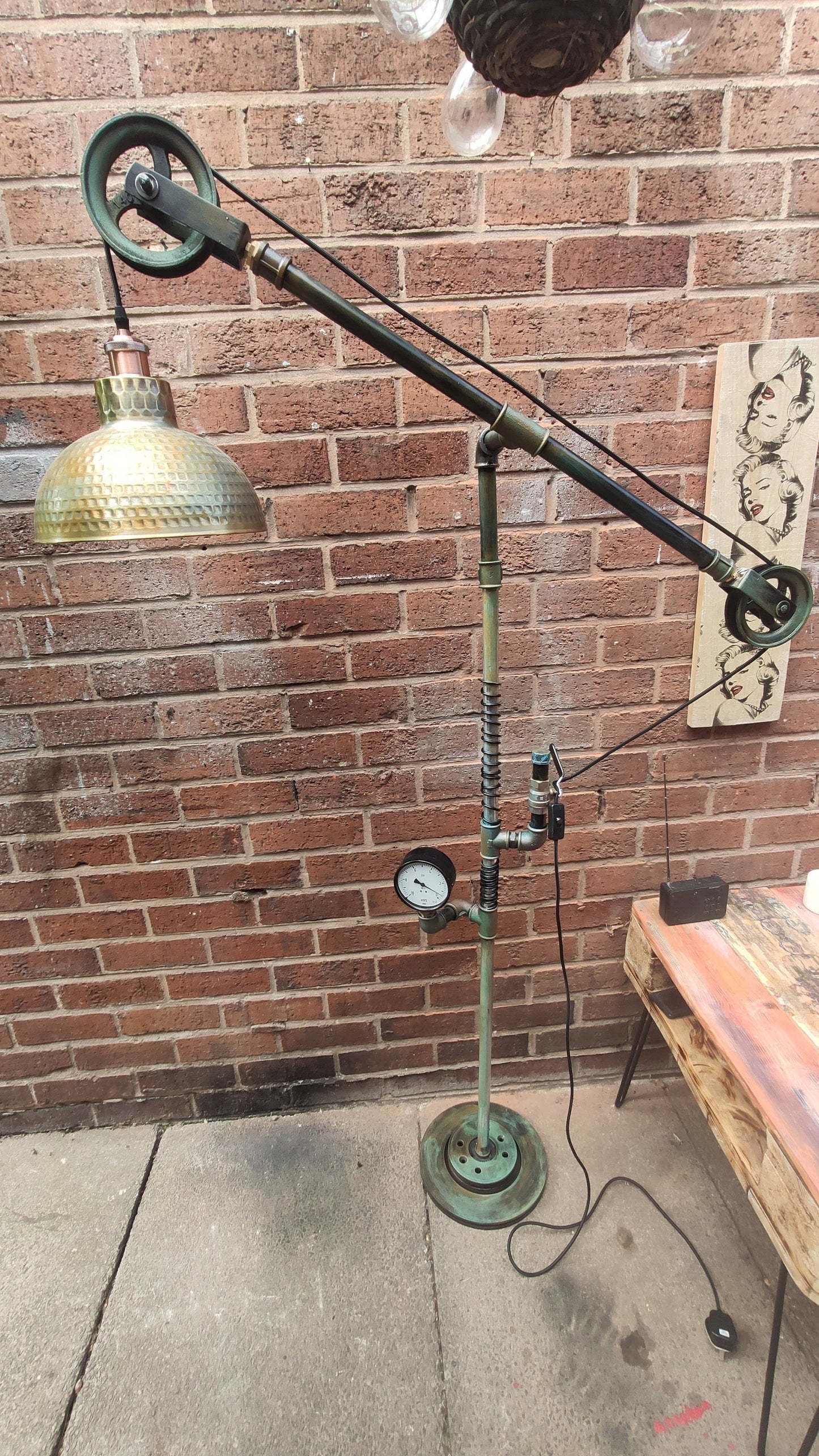 Vintage Industrial Steampunk Floor Lamp with Red Lampshades | Handmade Retro Pipe Design with Pulley Wheel | Iron Material with Vintage