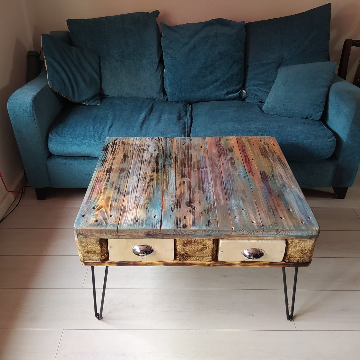 Unique Steampunk Industrial Coffee Table with Recycled Pallet Top and Metal Legs - Quirky Design for Any Room