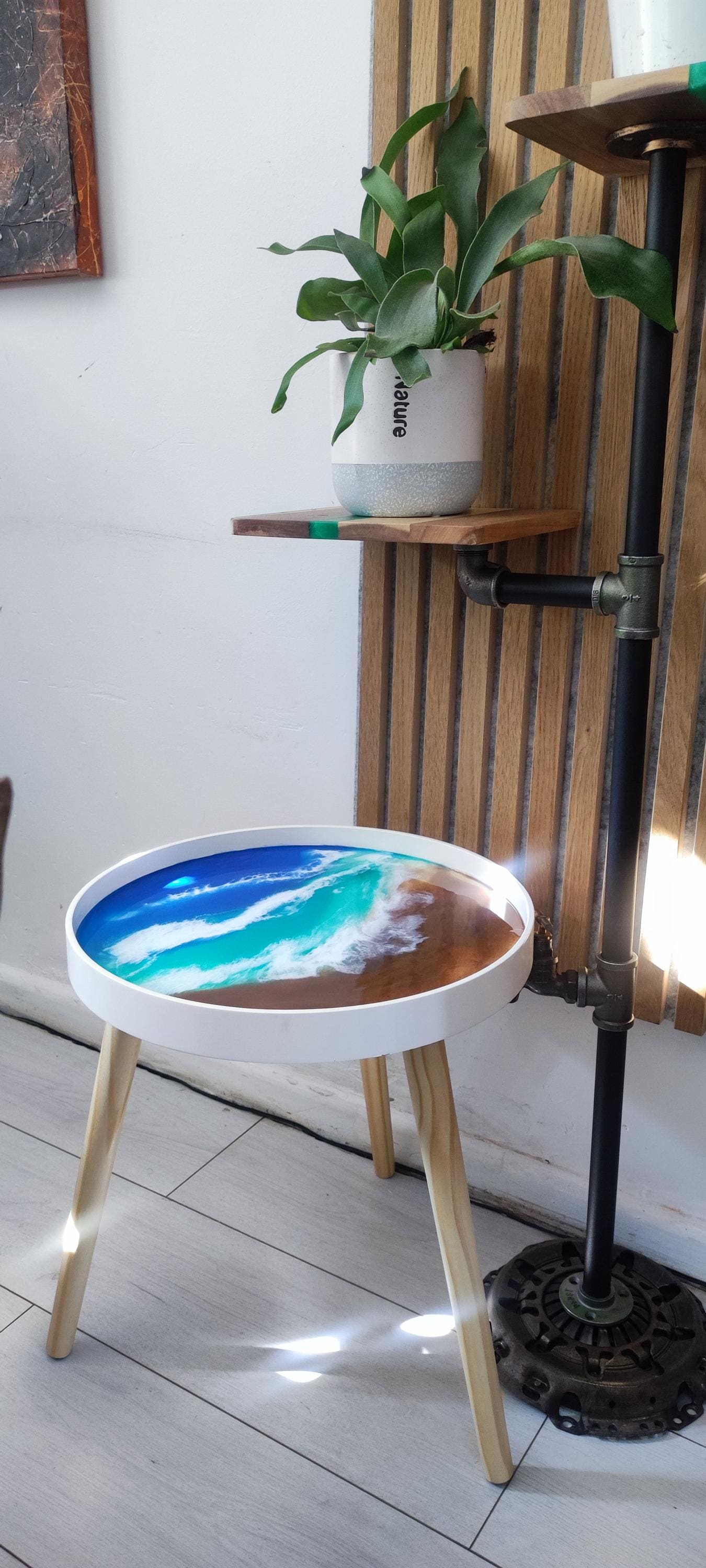 Resin Coffee Table with Sea Art Inspiration and Natural Sand Accents | Retro Side Table with Contemporary Design