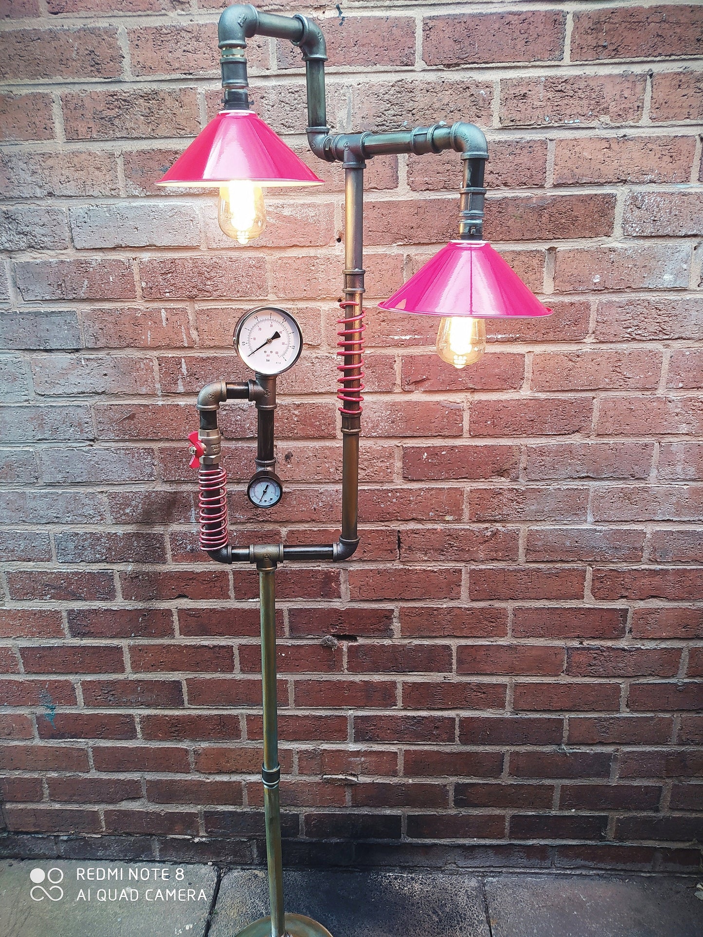 Retro Industrial Steampunk Vintage Floor Lamp with Red Lampshade - Handmade Iron Pipe Lamp with Vintage Patina Finish - Edison Bulbs and
