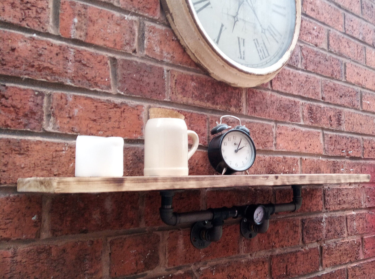 Industrial Steampunk Burnt Wood Pipe Shelf - Retro Design with Malleable Steel Fittings and Wax Oil Finish