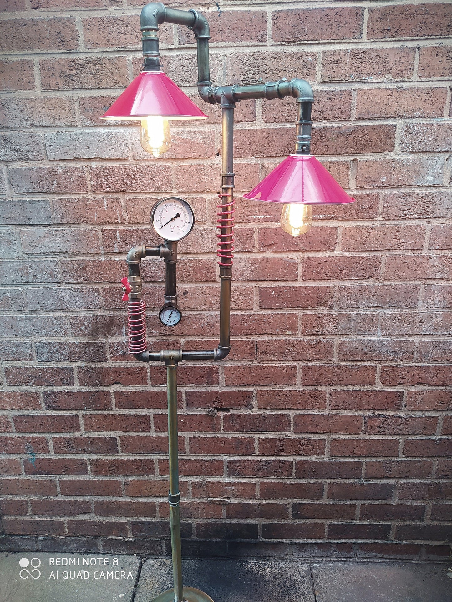 Retro Industrial Steampunk Vintage Floor Lamp with Red Lampshade - Handmade Iron Pipe Lamp with Vintage Patina Finish - Edison Bulbs and