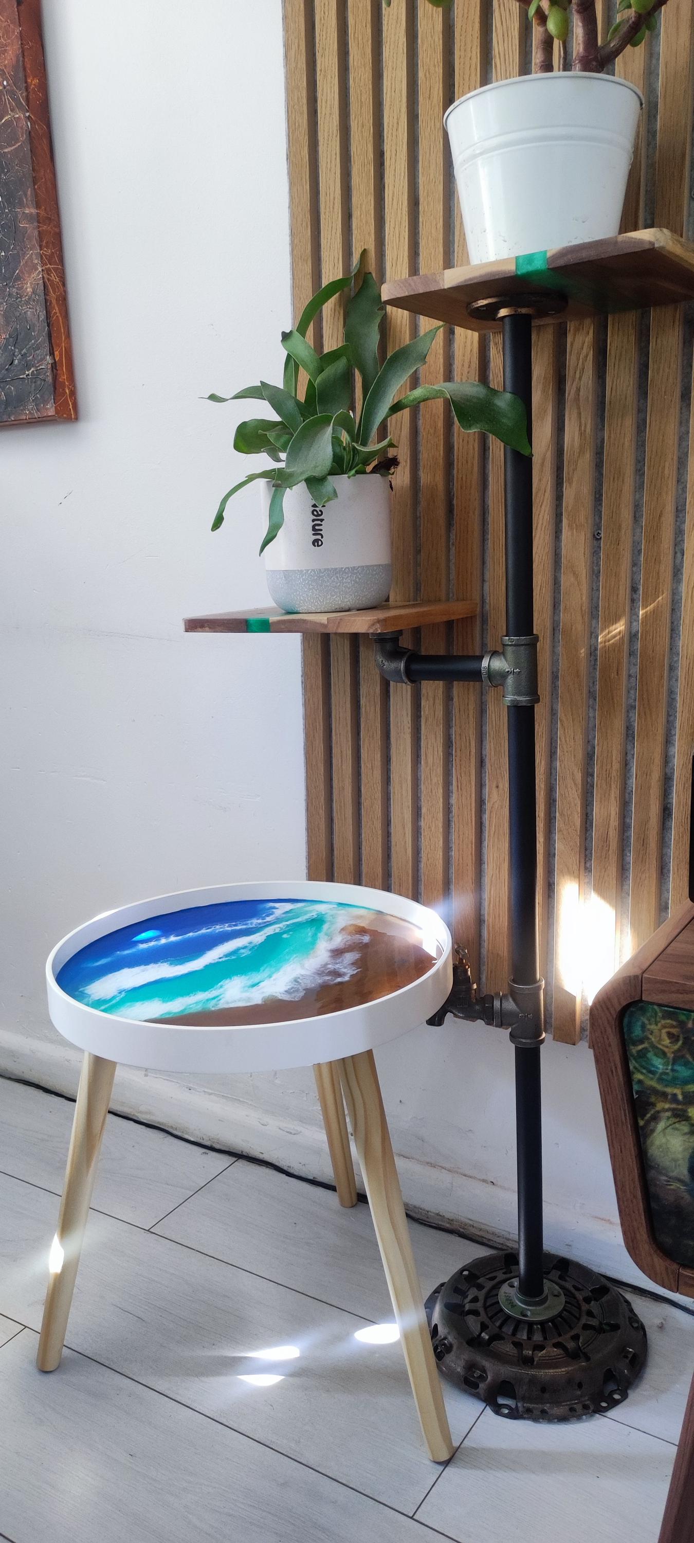 Resin Coffee Table with Sea Art Inspiration and Natural Sand Accents | Retro Side Table with Contemporary Design