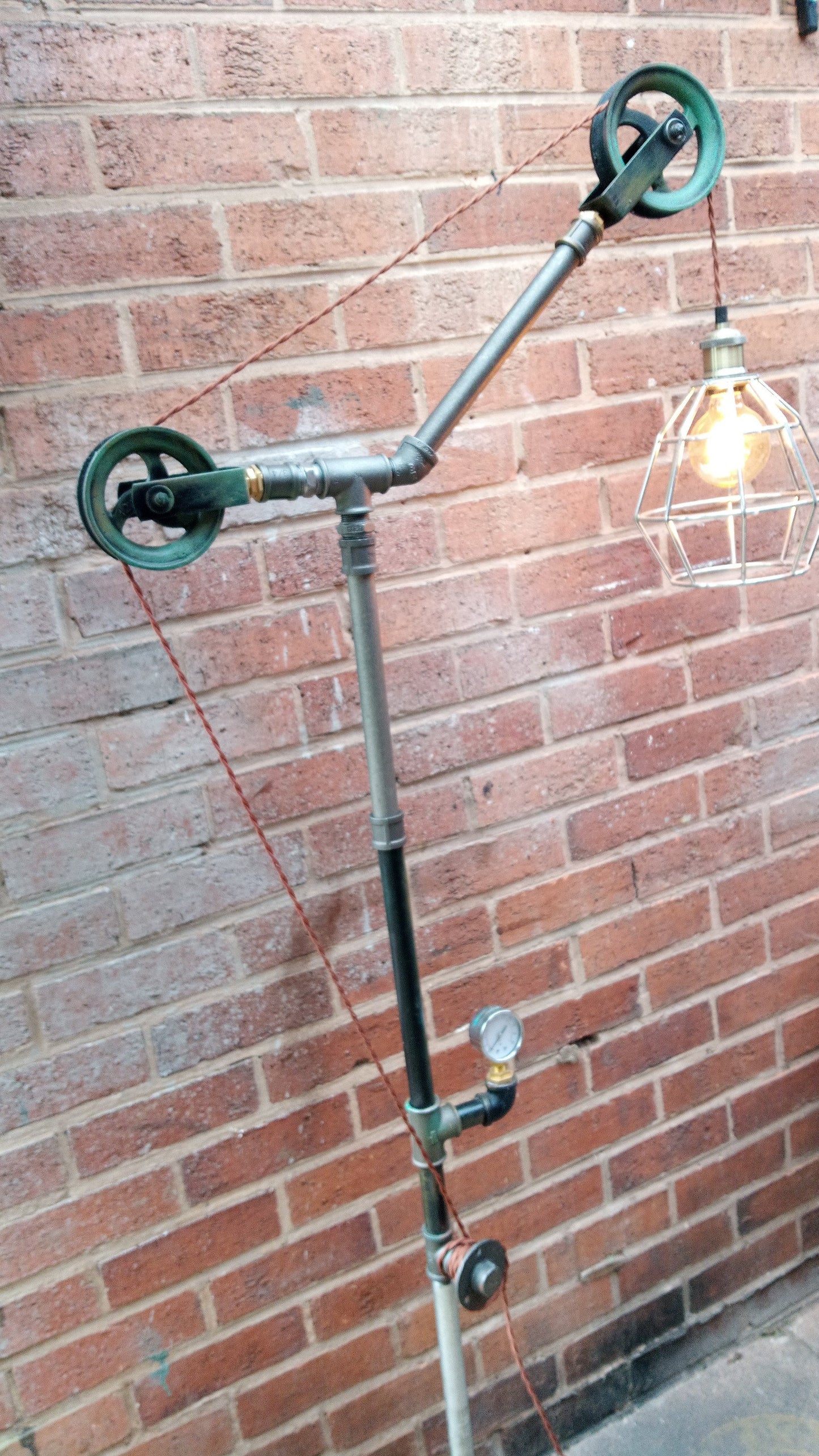 Handmade Industrial Steampunk Pipe Floor Lamp with Vintage Yellow Lampshade