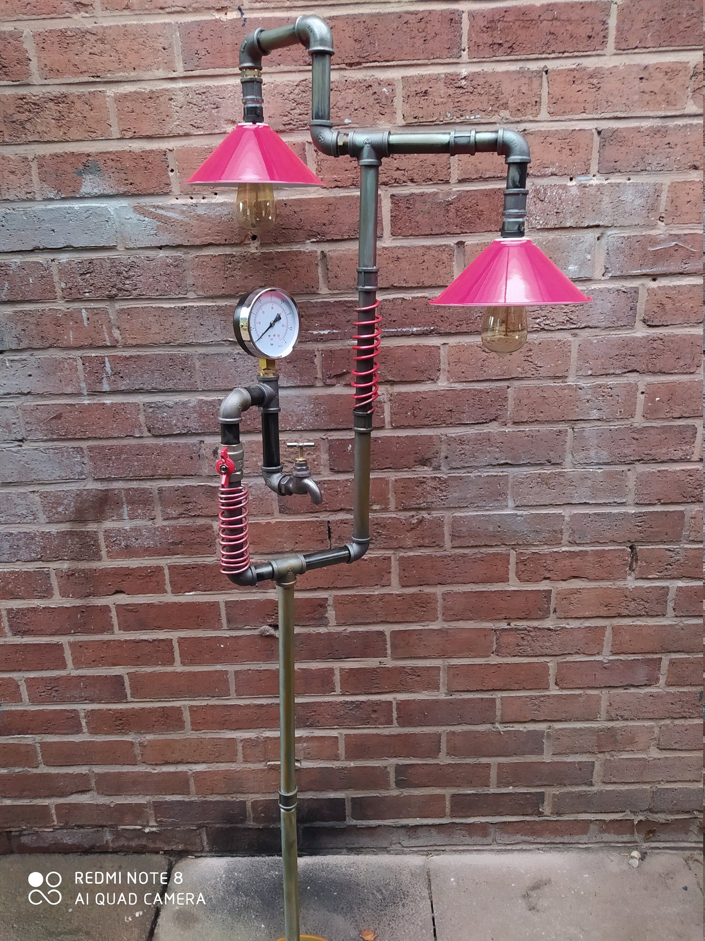 Retro Industrial Pipe Floor Lamp with Red Lampshade - Handmade Vintage Steampunk Lighting Device