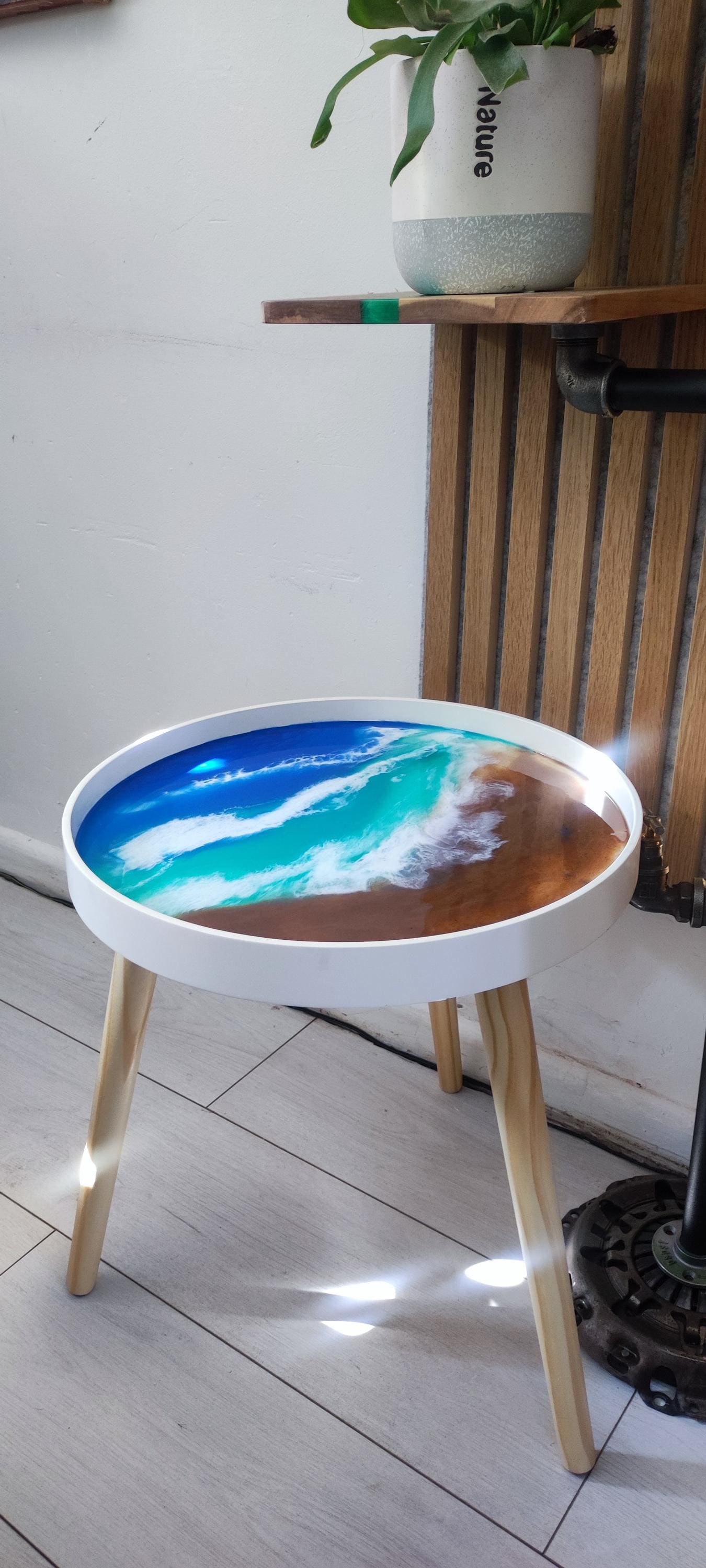 Resin Coffee Table with Sea Art Inspiration and Natural Sand Accents | Retro Side Table with Contemporary Design