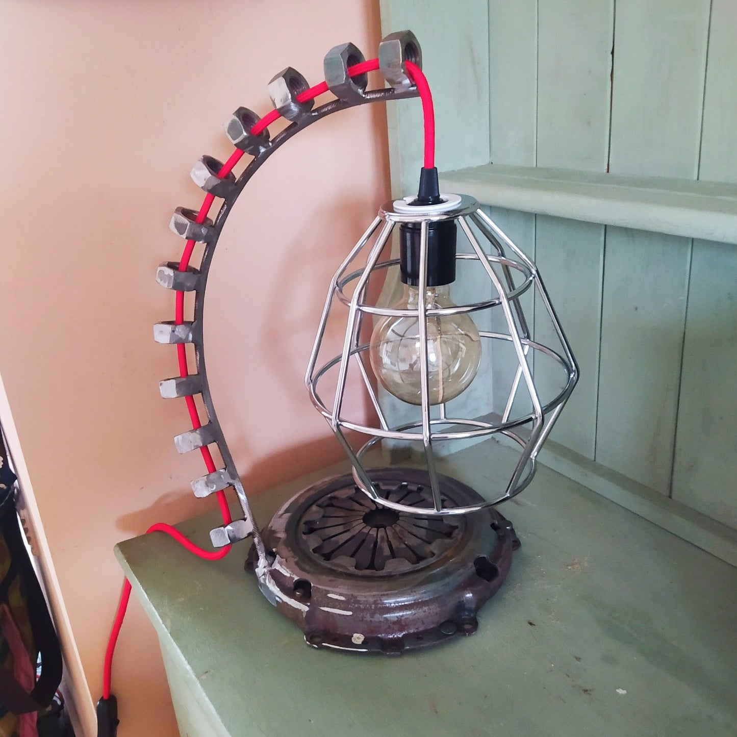 Vintage Industrial Steampunk Metal Table Lamp - Handmade Recycled Welded Floor Lamp with Antique Edison Bulb and Vintage Patina Finish